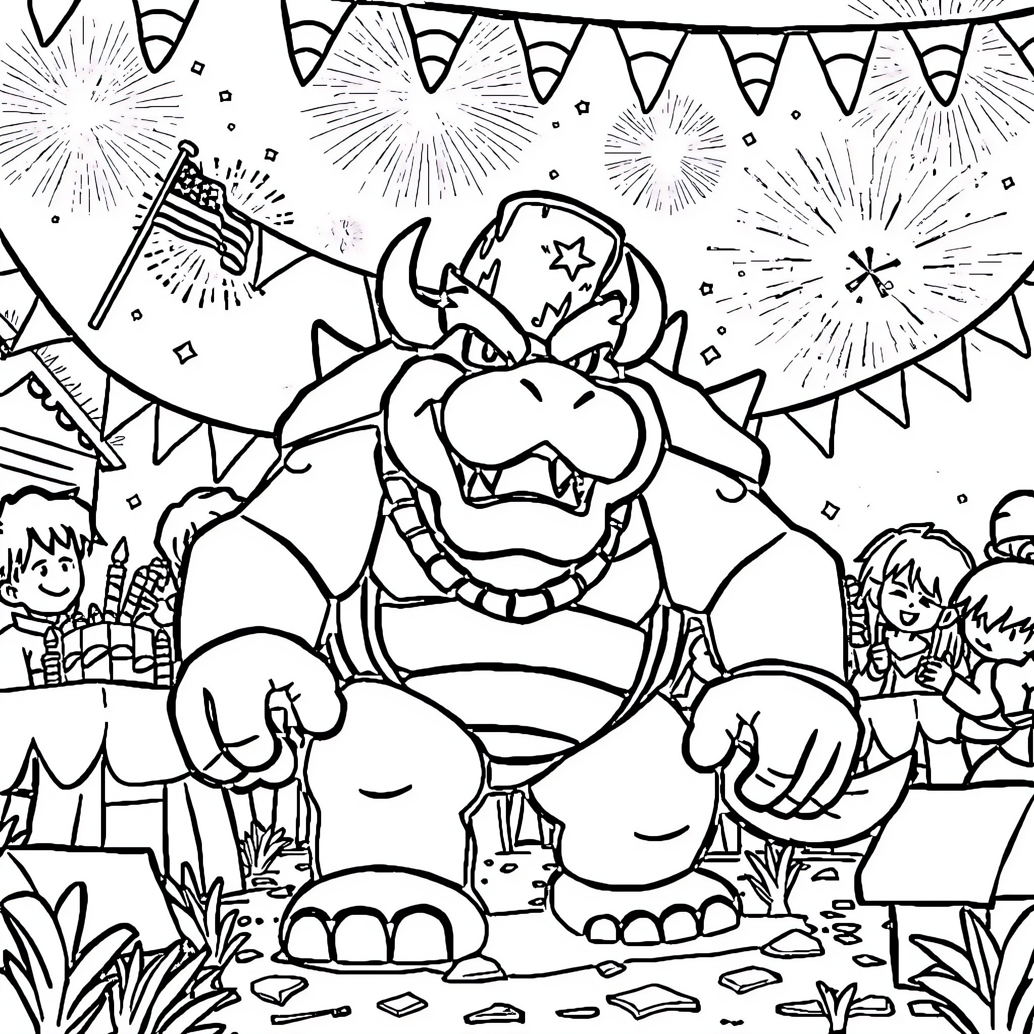 Bowser celebrating with fireworks and party decorations Coloring Page (free black-and-white line drawing printable PDF for all, from beginners to advanced learners, including children, teens, adults, and seniors)