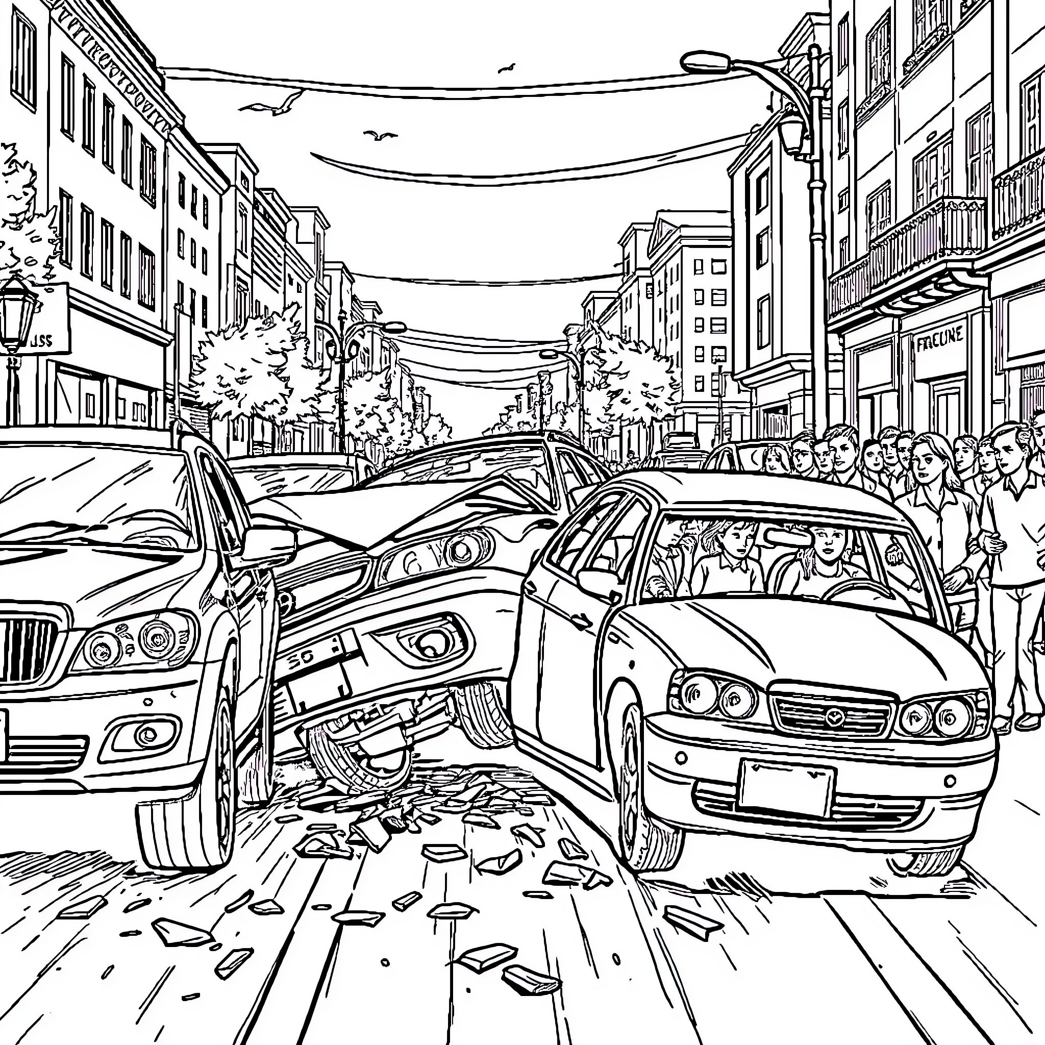 Car Crash in Bustling City Street Coloring Page (free black-and-white line drawing printable PDF for all, from beginners to advanced learners, including children, teens, adults, and seniors)