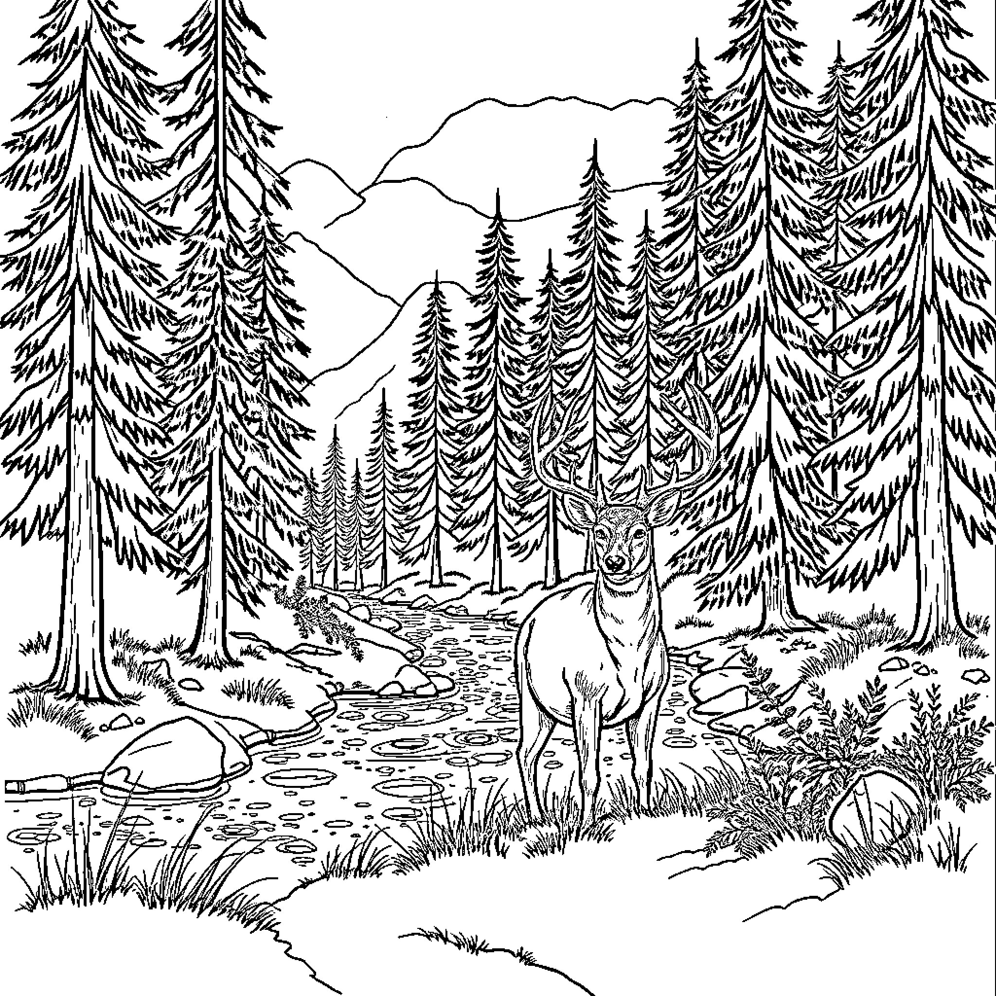 Deer in the Serene Forest Coloring Page (free black-and-white line drawing printable PDF for all, from beginners to advanced learners, including children, teens, adults, and seniors)