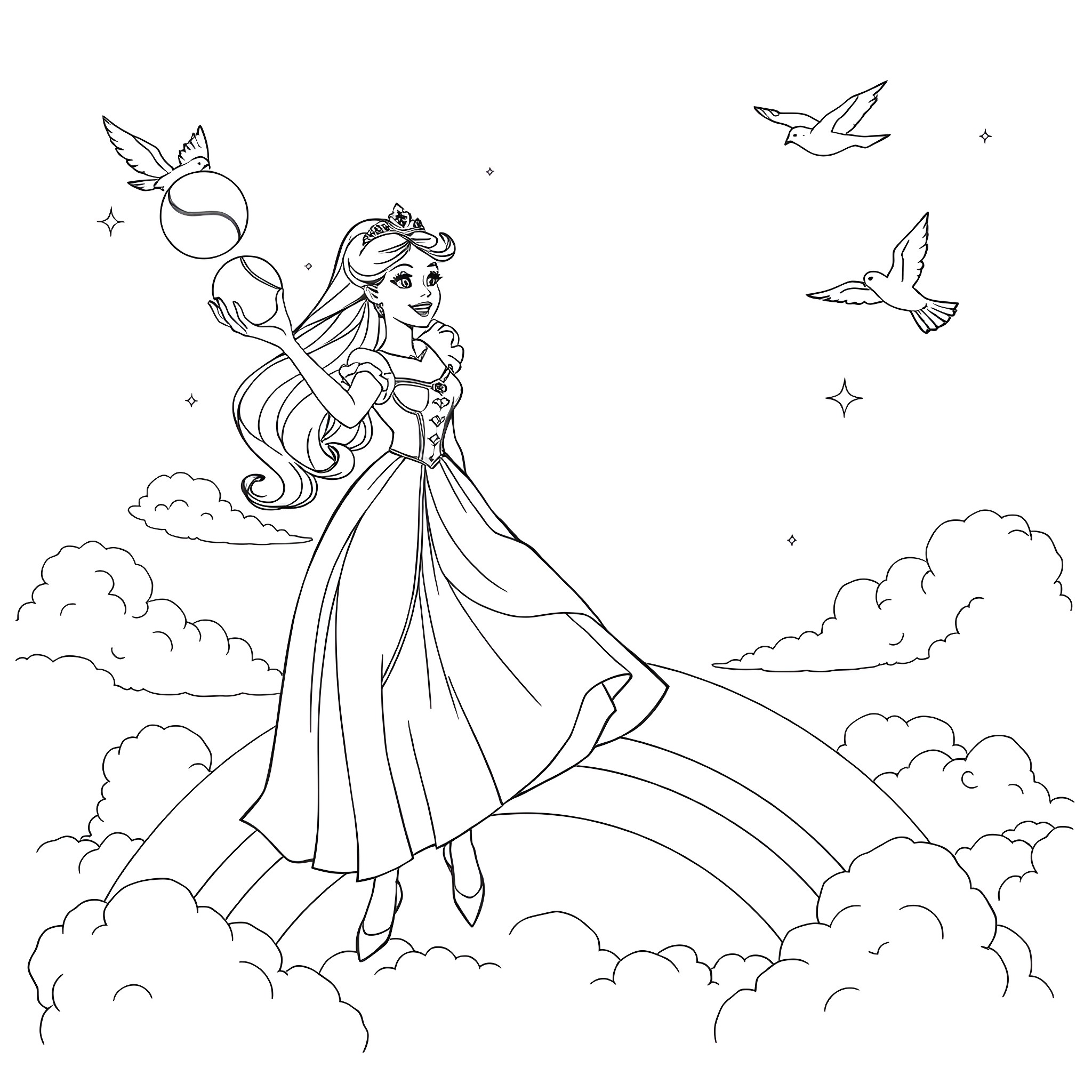 Princess Floating in the Clouds with Birds Coloring Page (free black-and-white line drawing printable PDF for all, from beginners to advanced learners, including children, teens, adults, and seniors)