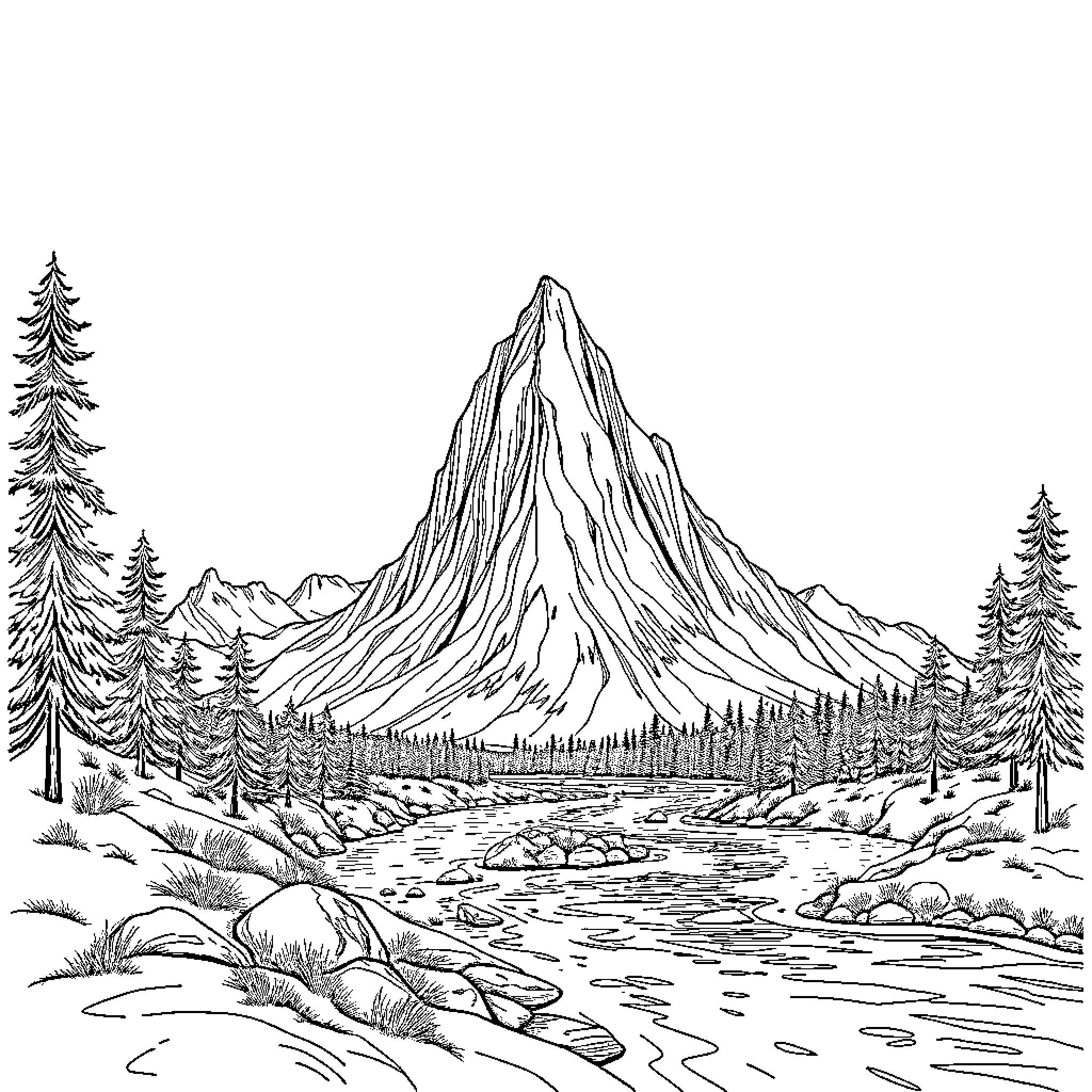 Mountain landscape with flowing river and pine trees Coloring Page (free black-and-white line drawing printable PDF for all, from beginners to advanced learners, including children, teens, adults, and seniors)