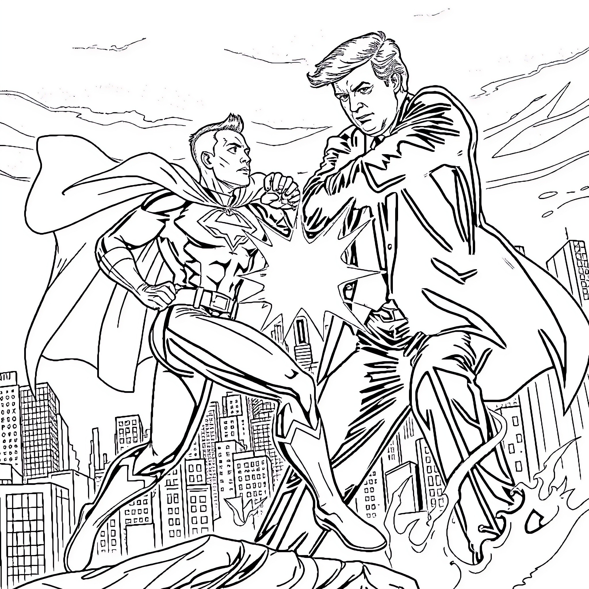 Gustavo Petro standing up to a superhero in a cityscape Coloring Page (free black-and-white line drawing printable PDF for all, from beginners to advanced learners, including children, teens, adults, and seniors)