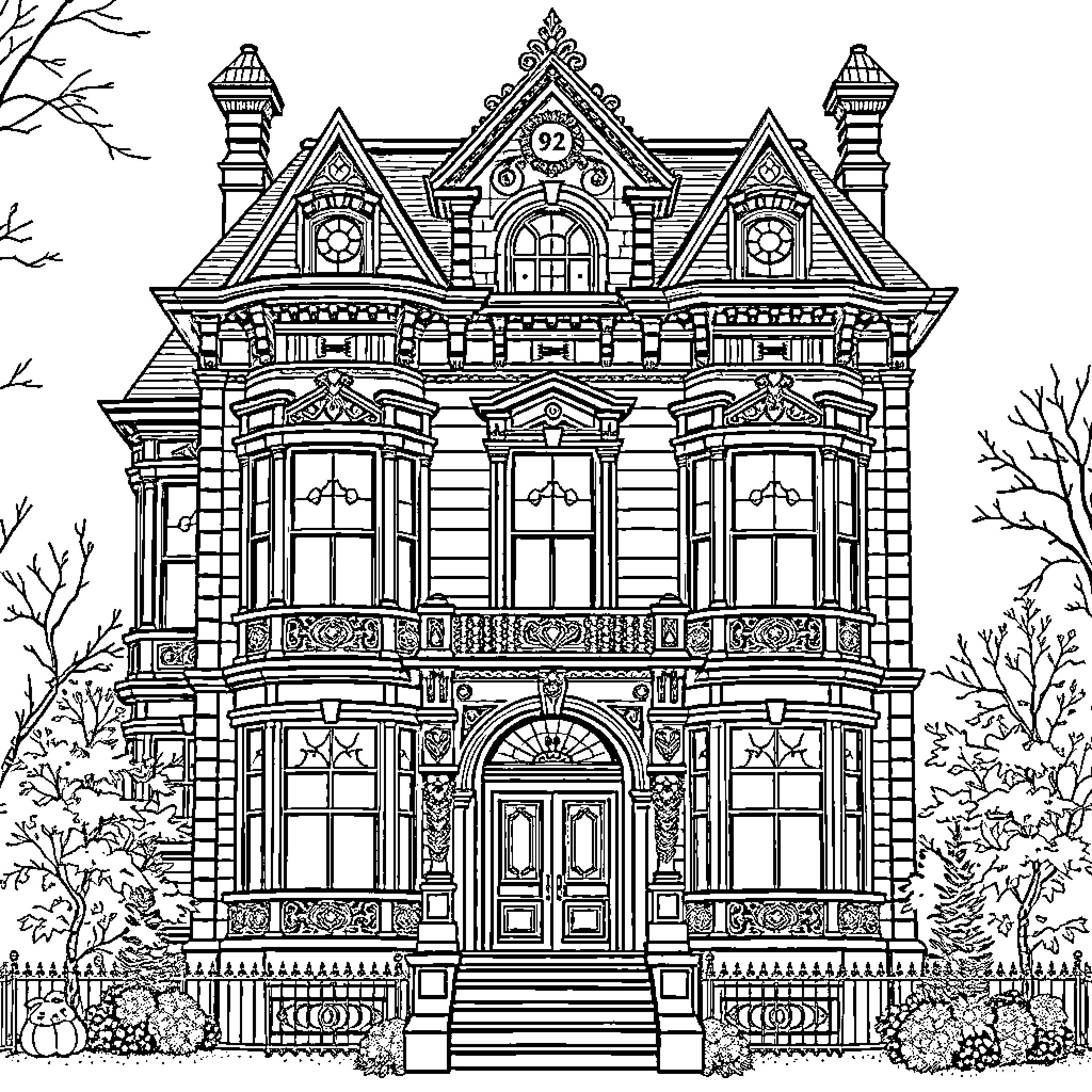 Number Victorian Era Ornate Historic House Coloring Page (free black-and-white line drawing printable PDF for all, from beginners to advanced learners, including children, teens, adults, and seniors)