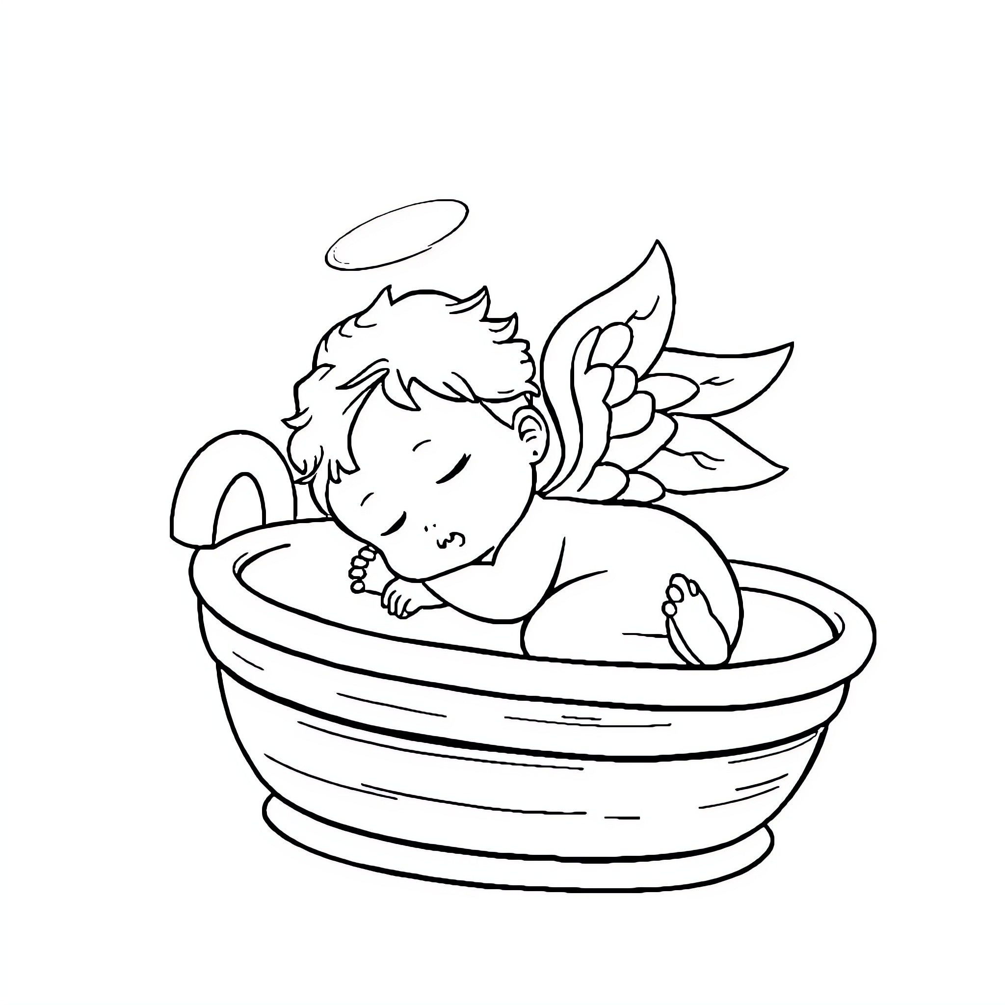 Angel Sleeping Peacefully in a Bathtub Coloring Page (free black-and-white line drawing printable PDF for all, from beginners to advanced learners, including children, teens, adults, and seniors)