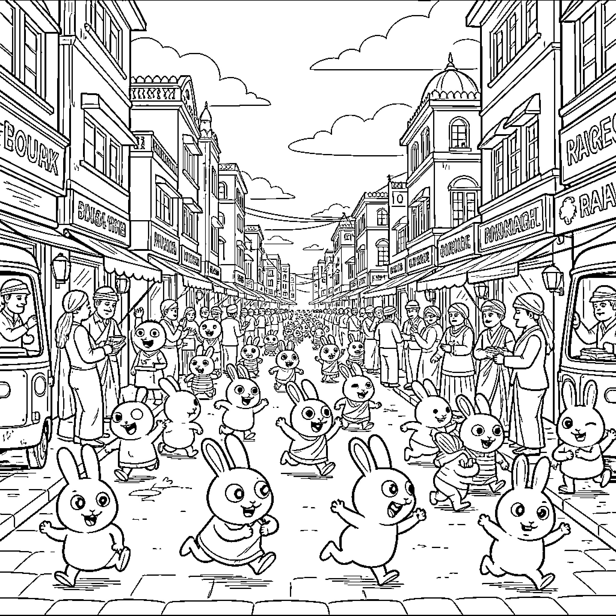 Rabbids running and celebrating in a busy city street Coloring Page (free black-and-white line drawing printable PDF for all, from beginners to advanced learners, including children, teens, adults, and seniors)