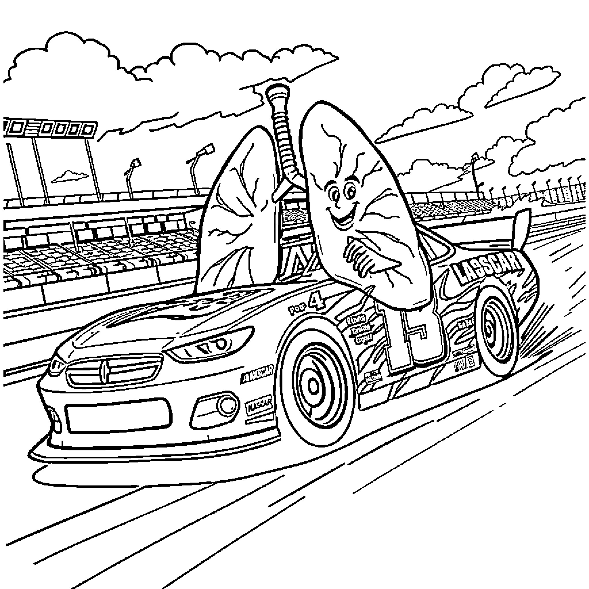 Lung racing car on speedway with clouds Coloring Page (free black-and-white line drawing printable PDF for all, from beginners to advanced learners, including children, teens, adults, and seniors)