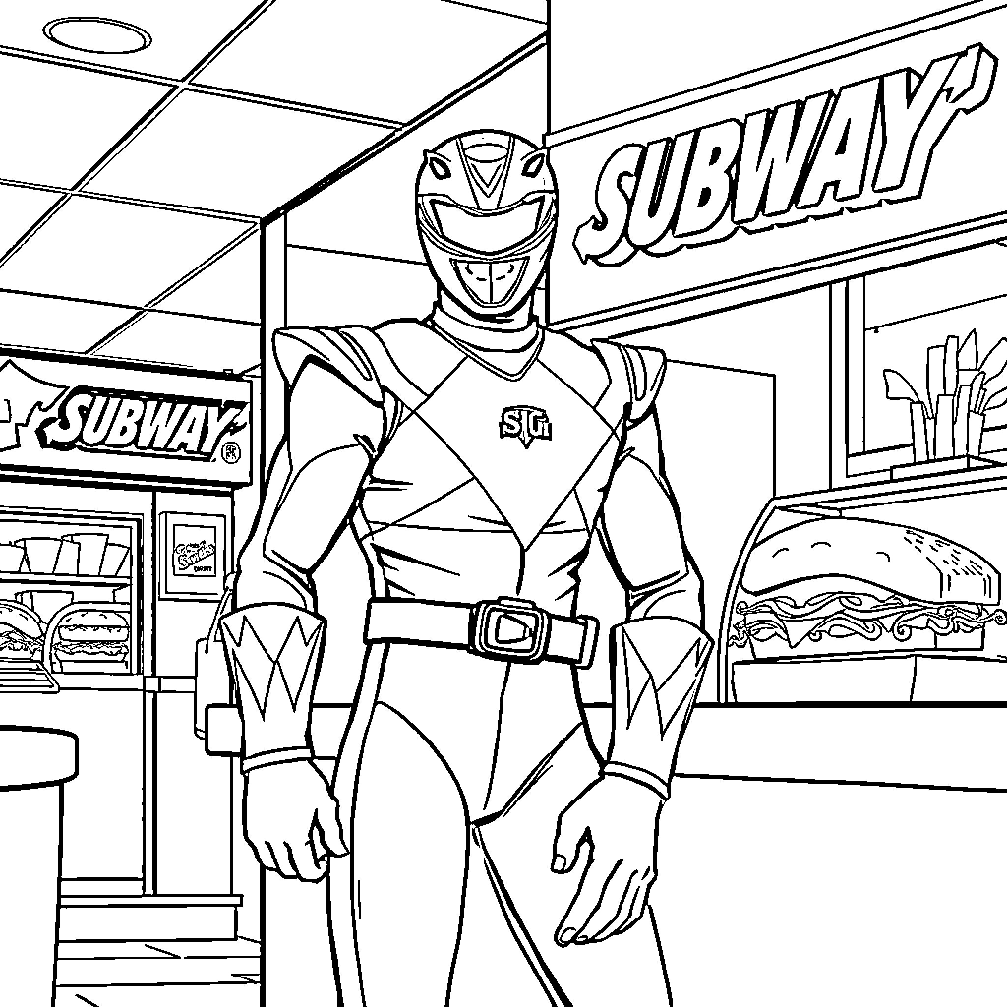 Power Ranger Patrolling Subway Sandwich Shop Coloring Page (free black-and-white line drawing printable PDF for all, from beginners to advanced learners, including children, teens, adults, and seniors)