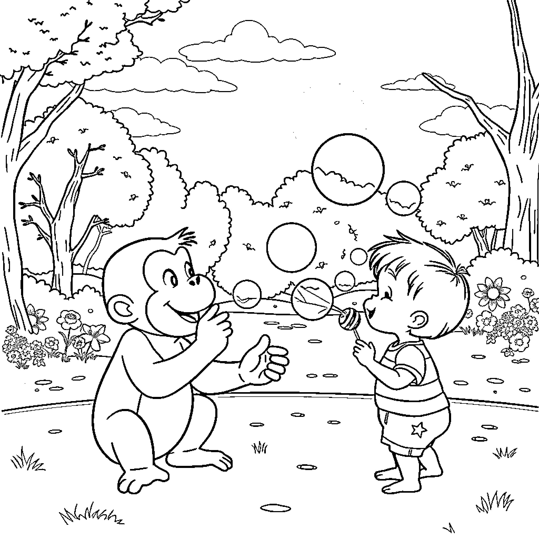 Curious George playing with bubbles in the park Coloring Page (free black-and-white line drawing printable PDF for all, from beginners to advanced learners, including children, teens, adults, and seniors)