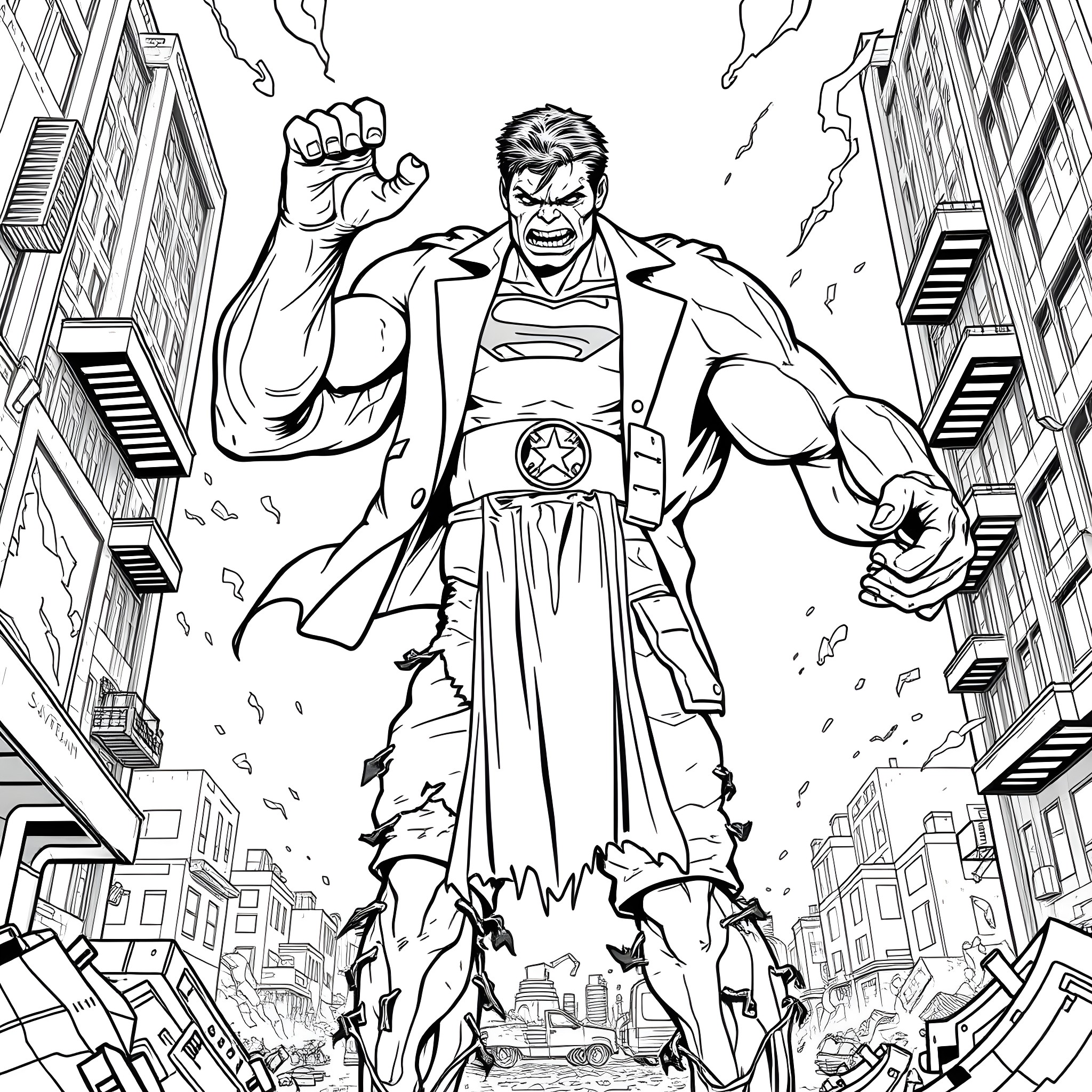 Zombie Hulk's Destructive Rampage in the City Coloring Page (free black-and-white line drawing printable PDF for all, from beginners to advanced learners, including children, teens, adults, and seniors)