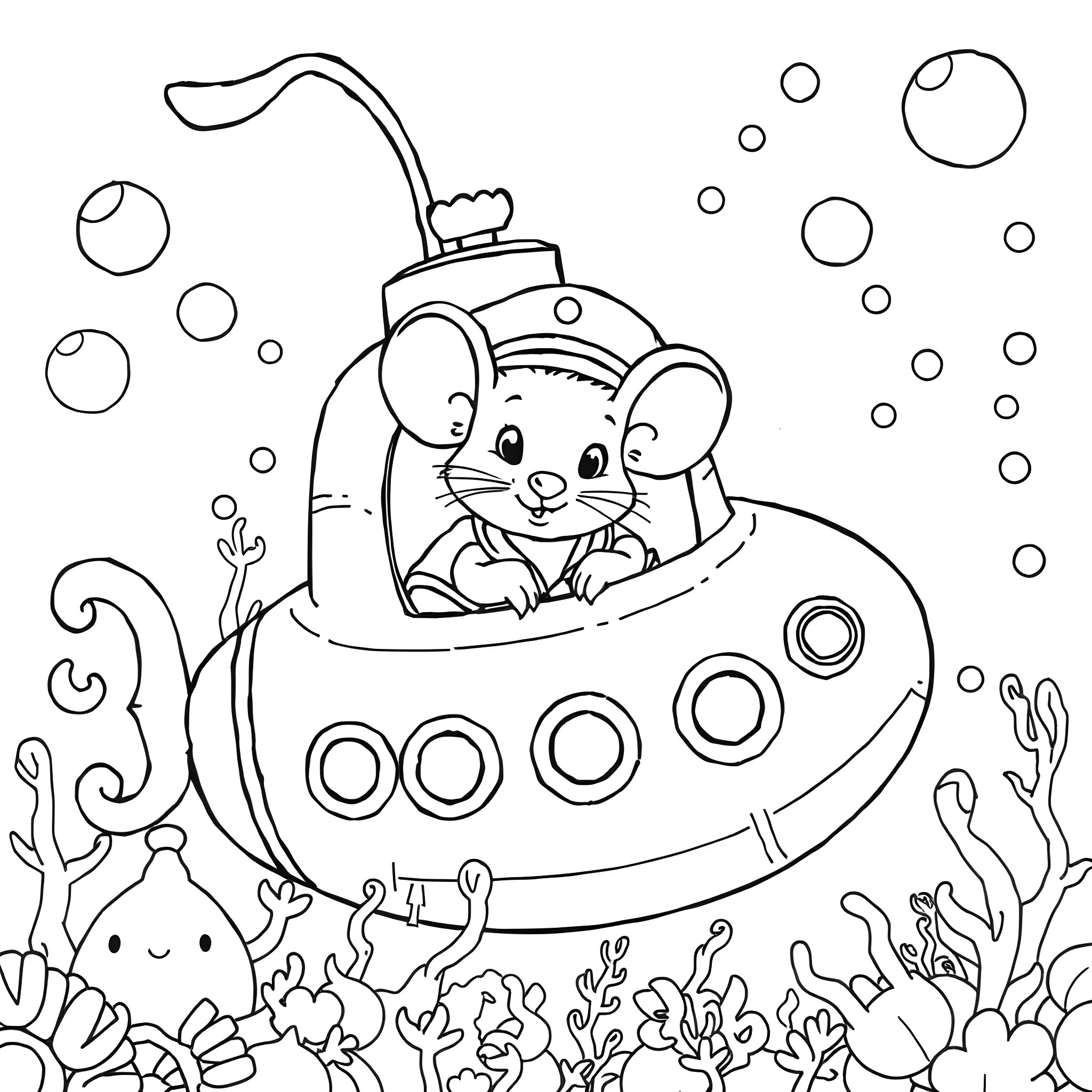 Mouse exploring the ocean in a submarine Coloring Page (free black-and-white line drawing printable PDF for all, from beginners to advanced learners, including children, teens, adults, and seniors)