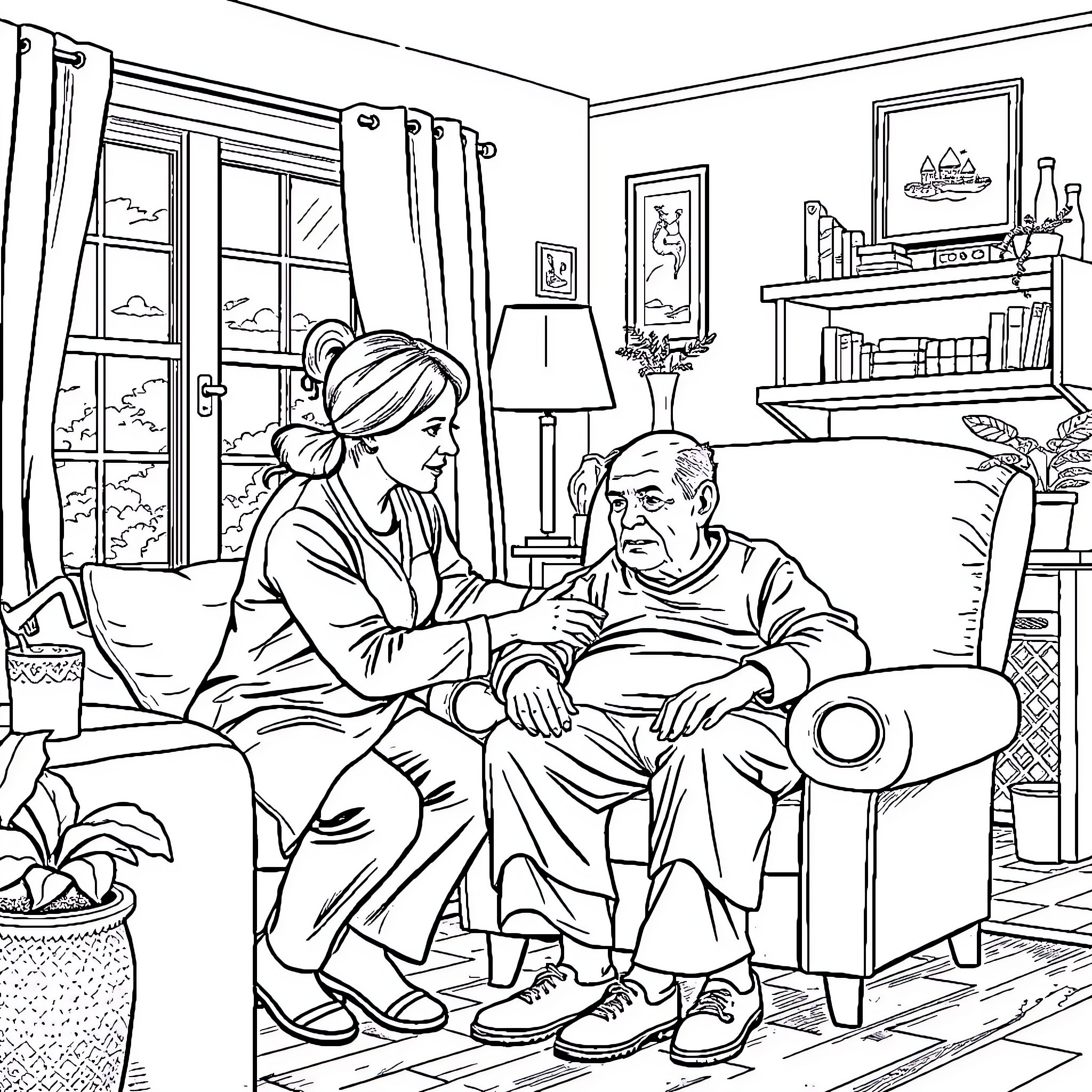 Caregiver comforting elderly patient in cozy home setting Coloring Page (free black-and-white line drawing printable PDF for all, from beginners to advanced learners, including children, teens, adults, and seniors)
