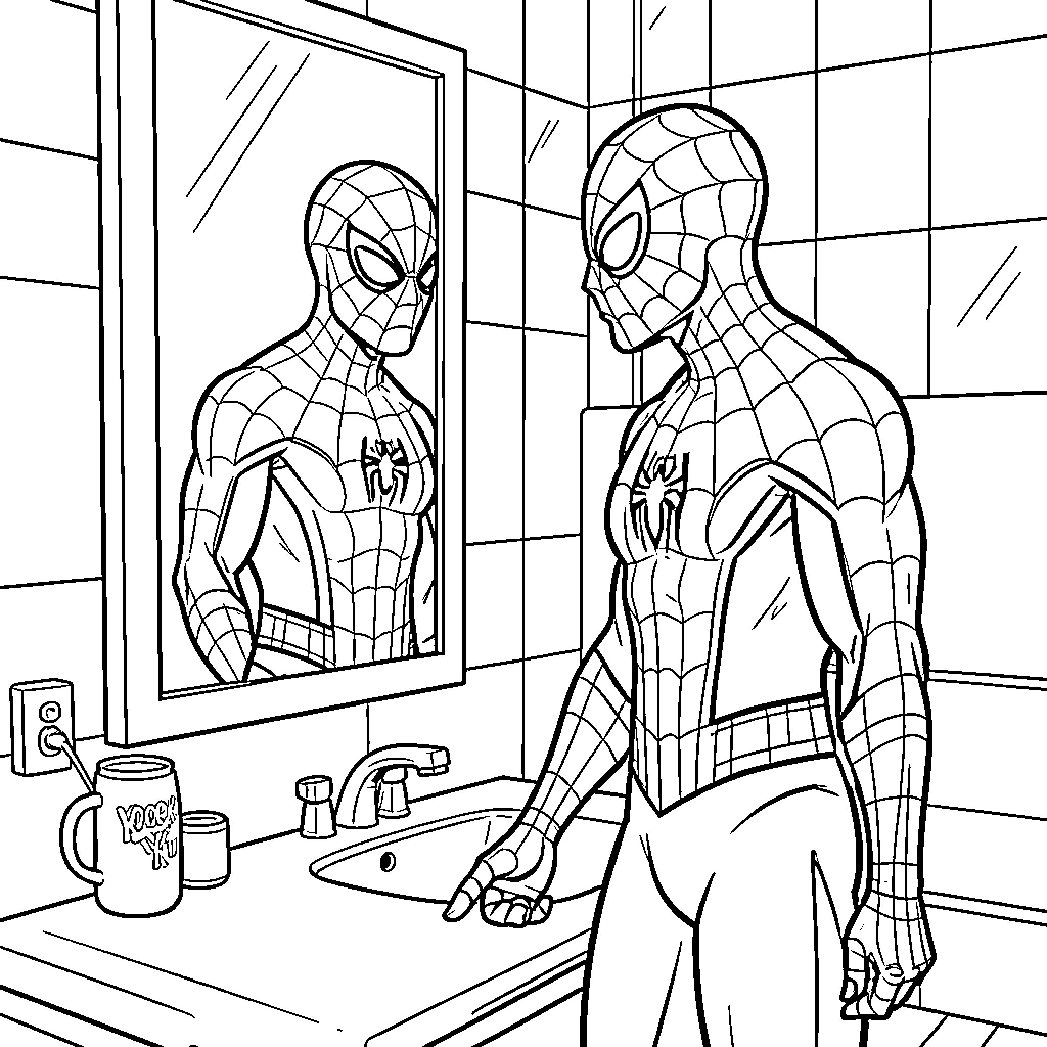 Spiderman looking at his reflection in a bathroom mirror Coloring Page (free black-and-white line drawing printable PDF for all, from beginners to advanced learners, including children, teens, adults, and seniors)