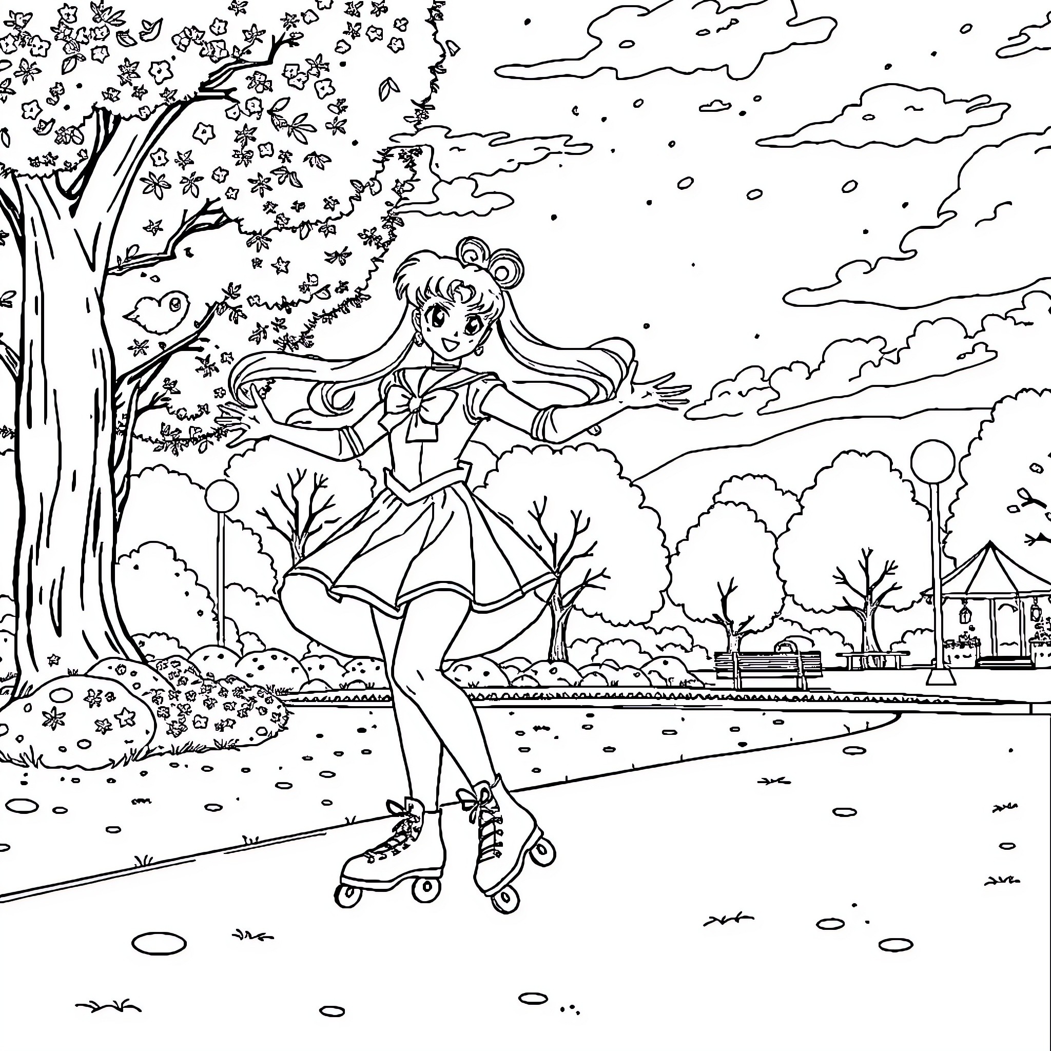 Sailor Moon roller skating in the park Coloring Page (free black-and-white line drawing printable PDF for all, from beginners to advanced learners, including children, teens, adults, and seniors)