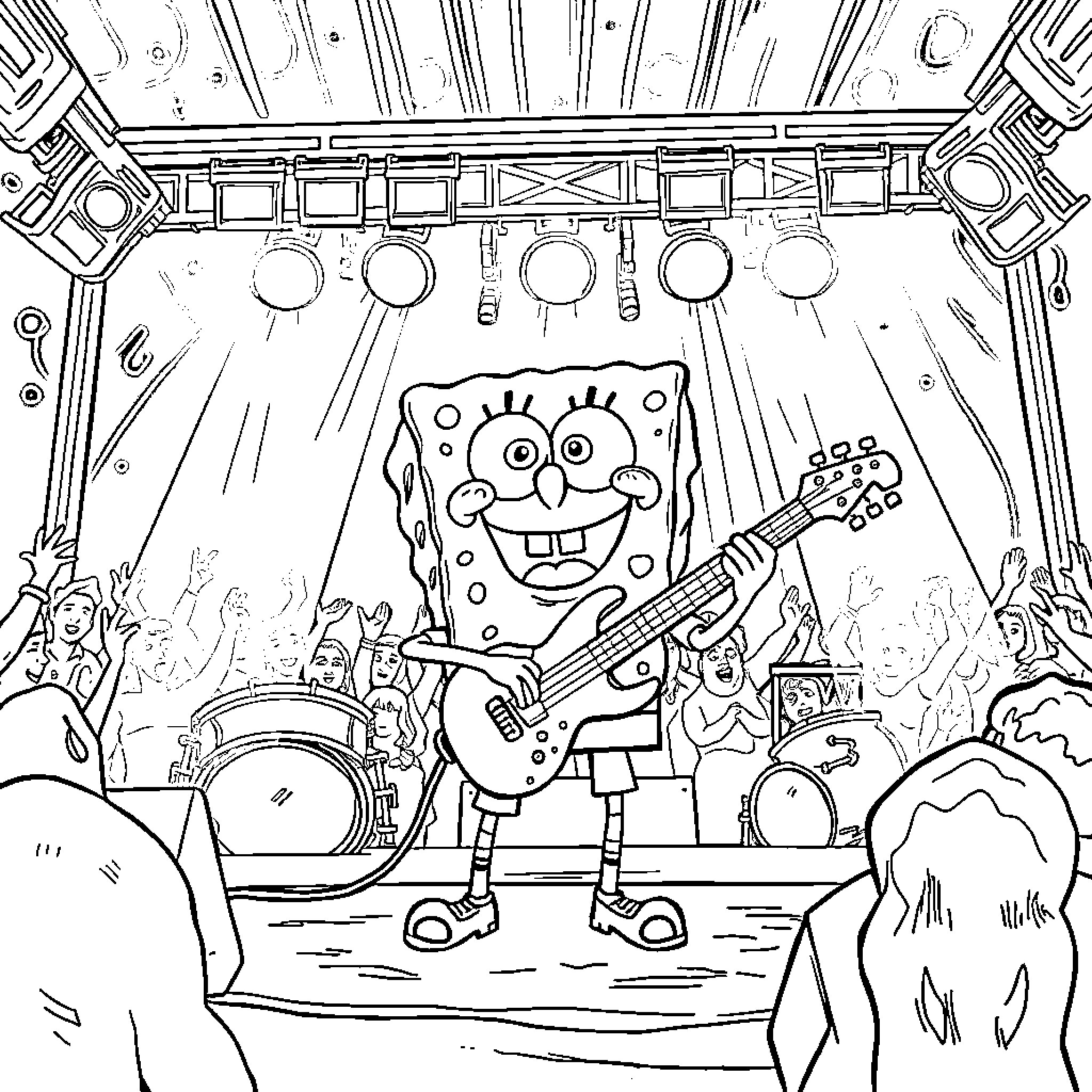 Sponge Bob rocking out on stage with friends Coloring Page (free black-and-white line drawing printable PDF for all, from beginners to advanced learners, including children, teens, adults, and seniors)