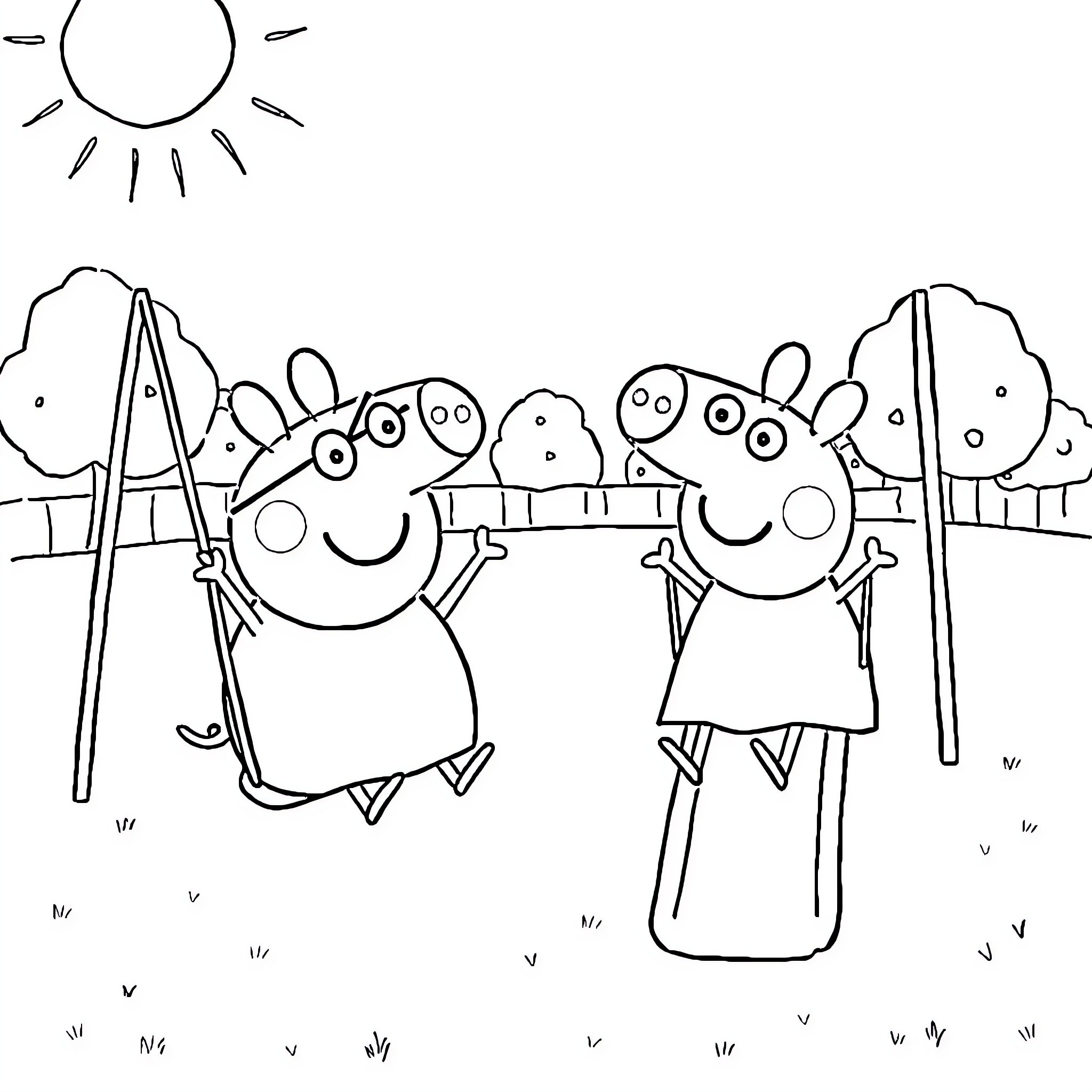 Bluey and friends playing in the park Coloring Page (free black-and-white line drawing printable PDF for all, from beginners to advanced learners, including children, teens, adults, and seniors)