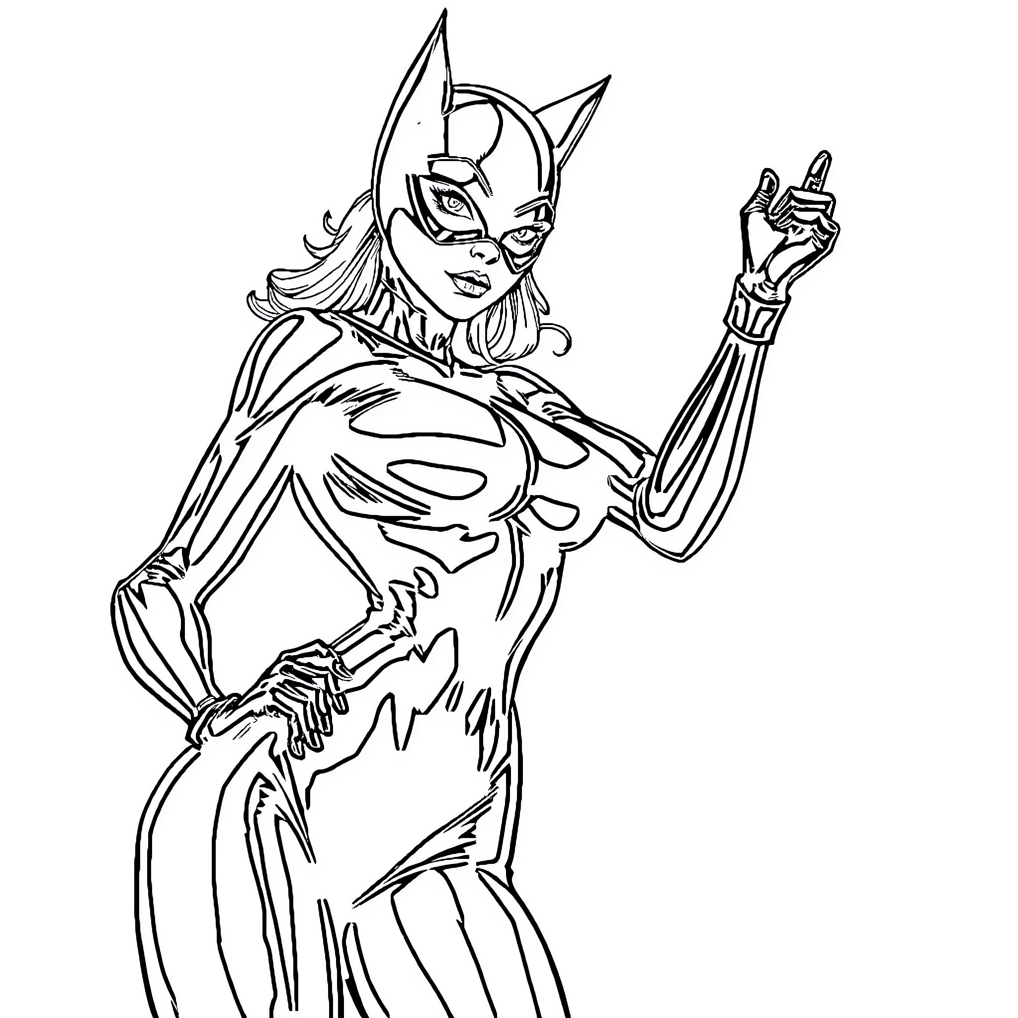 Catwoman in action-packed pose Coloring Page (free black-and-white line drawing printable PDF for all, from beginners to advanced learners, including children, teens, adults, and seniors)