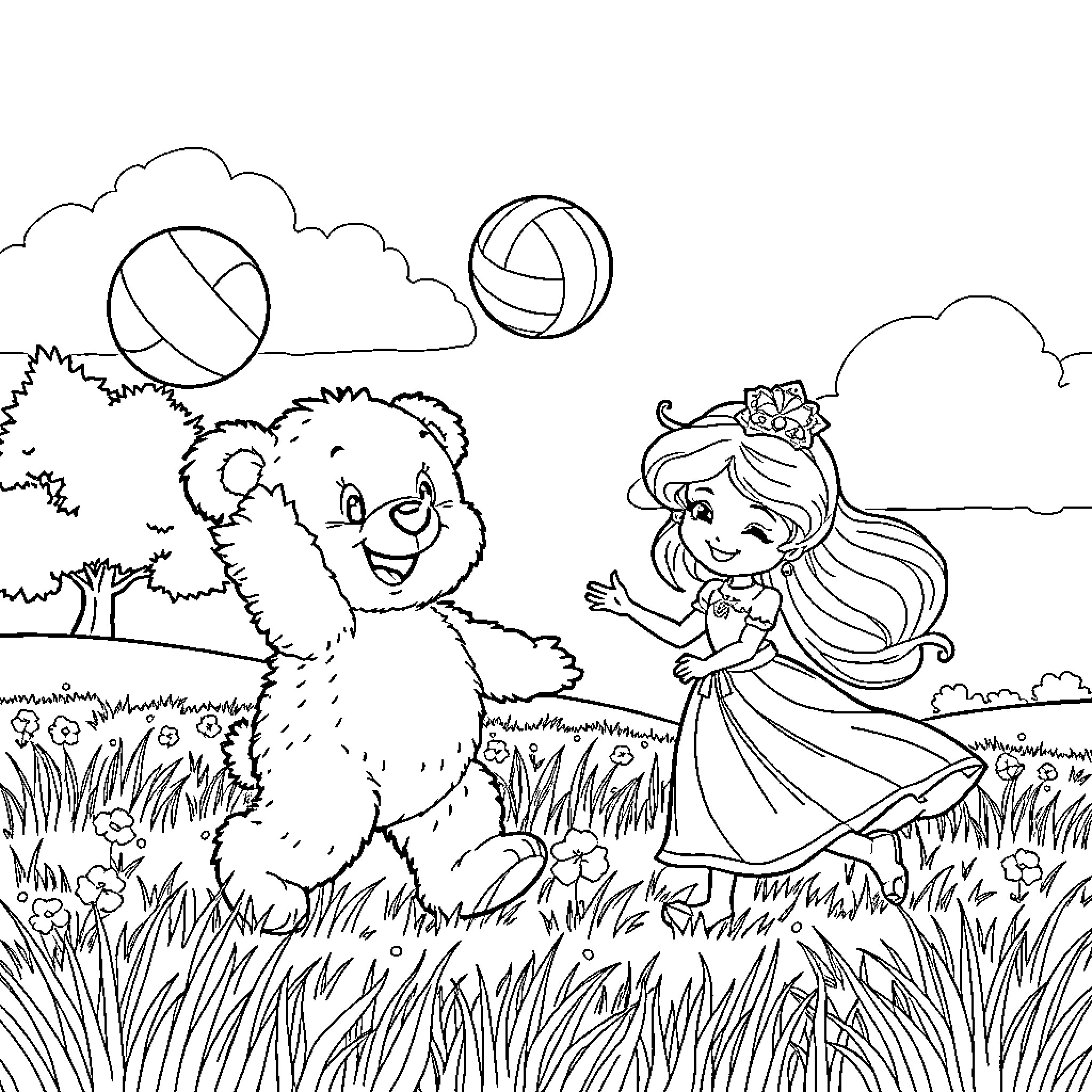 Teddy Bear playing with a young girl in the meadow Coloring Page (free black-and-white line drawing printable PDF for all, from beginners to advanced learners, including children, teens, adults, and seniors)