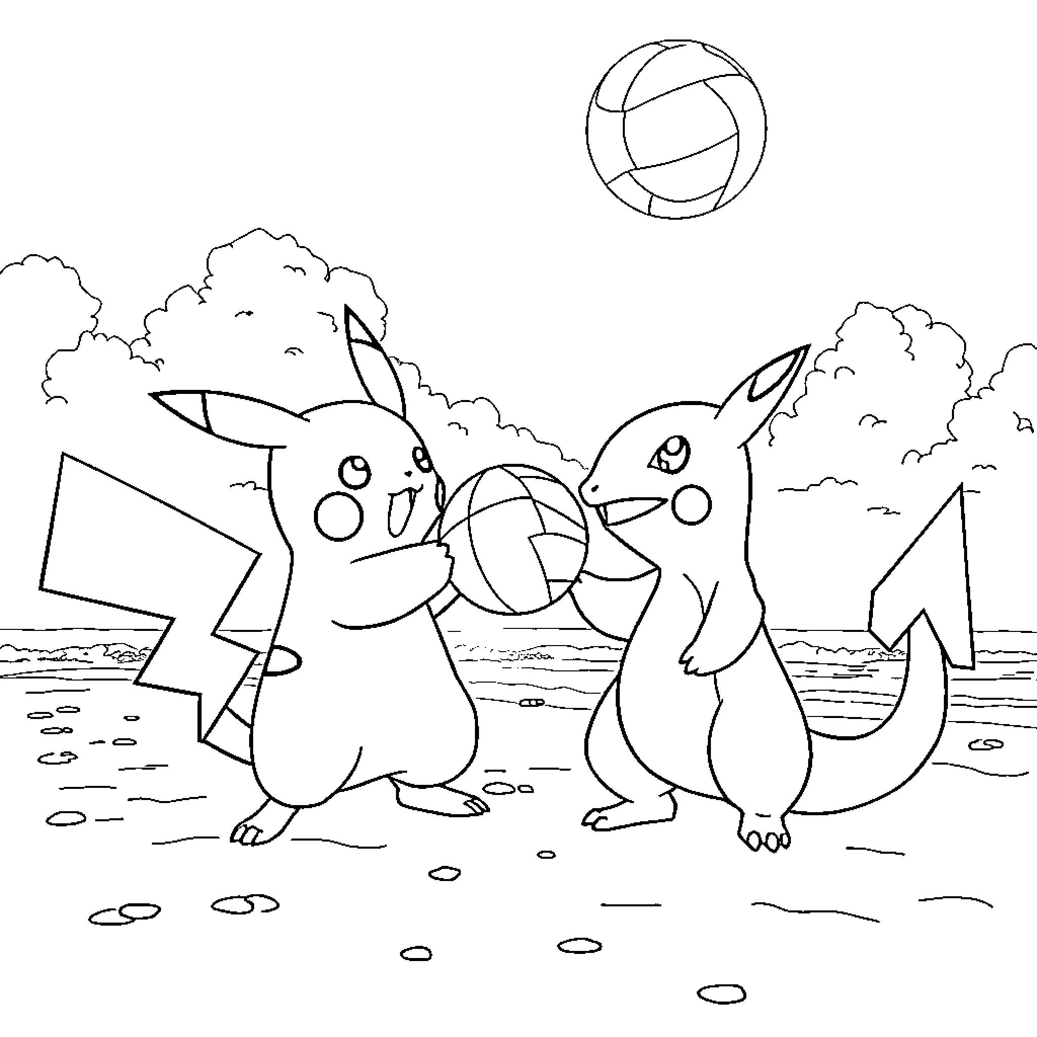 Pikachu playing with Pokémon friends on the beach Coloring Page (free black-and-white line drawing printable PDF for all, from beginners to advanced learners, including children, teens, adults, and seniors)