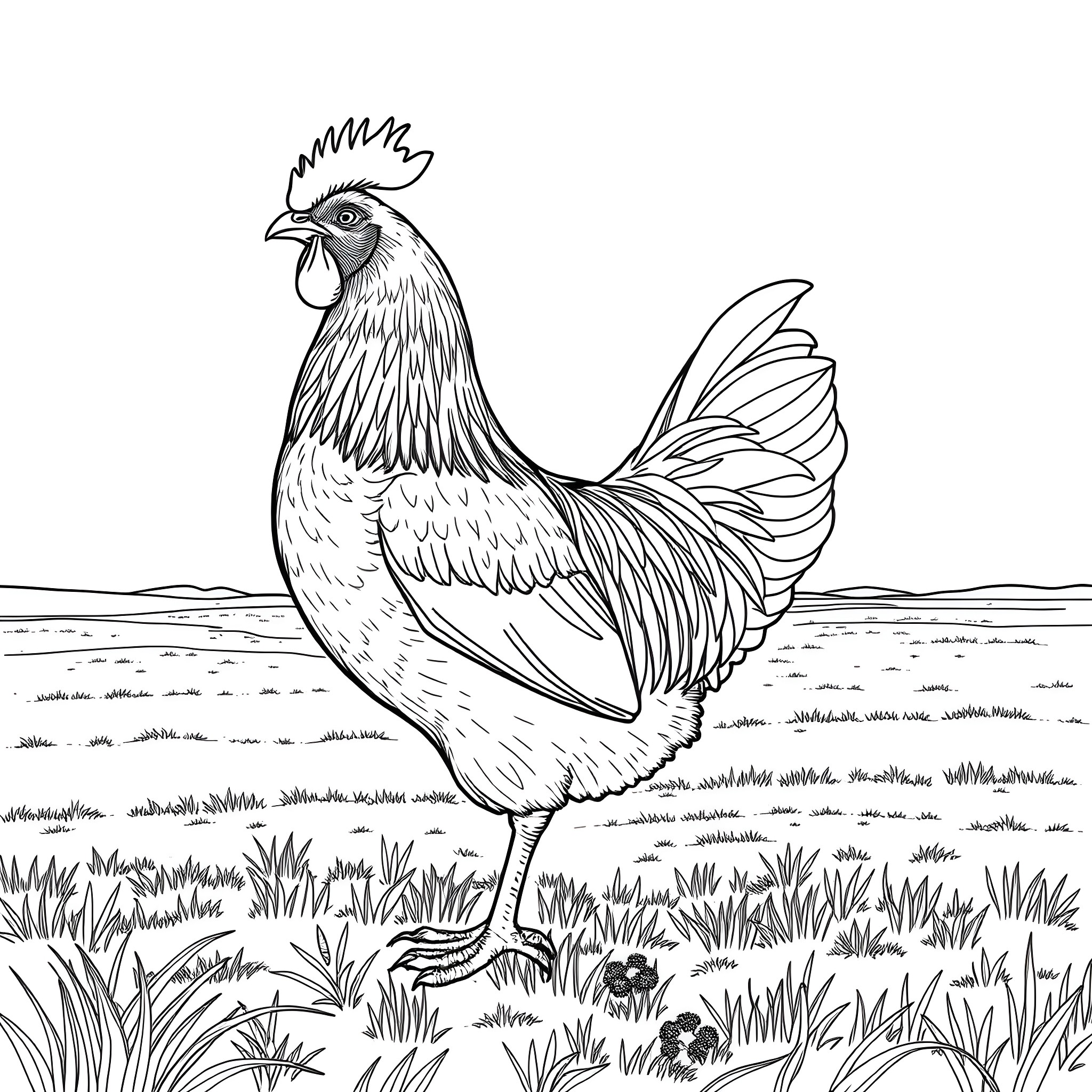 Hen strutting proudly on the farmland Coloring Page (free black-and-white line drawing printable PDF for all, from beginners to advanced learners, including children, teens, adults, and seniors)
