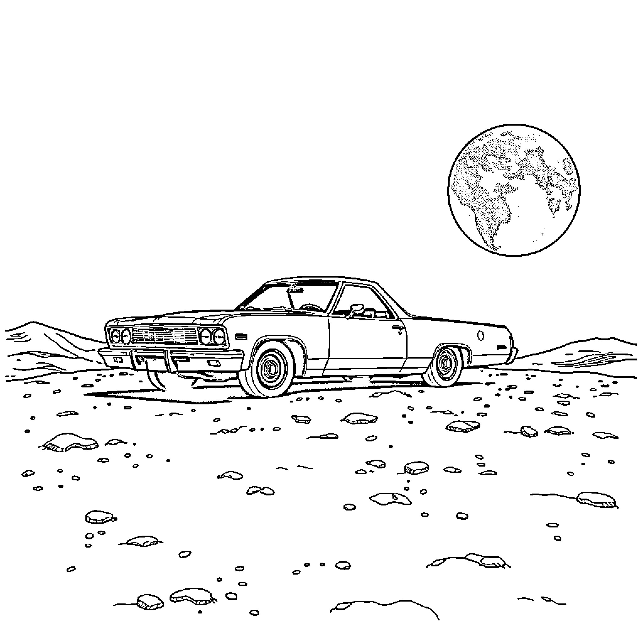 El Camino on the open road Coloring Page (free black-and-white line drawing printable PDF for all, from beginners to advanced learners, including children, teens, adults, and seniors)