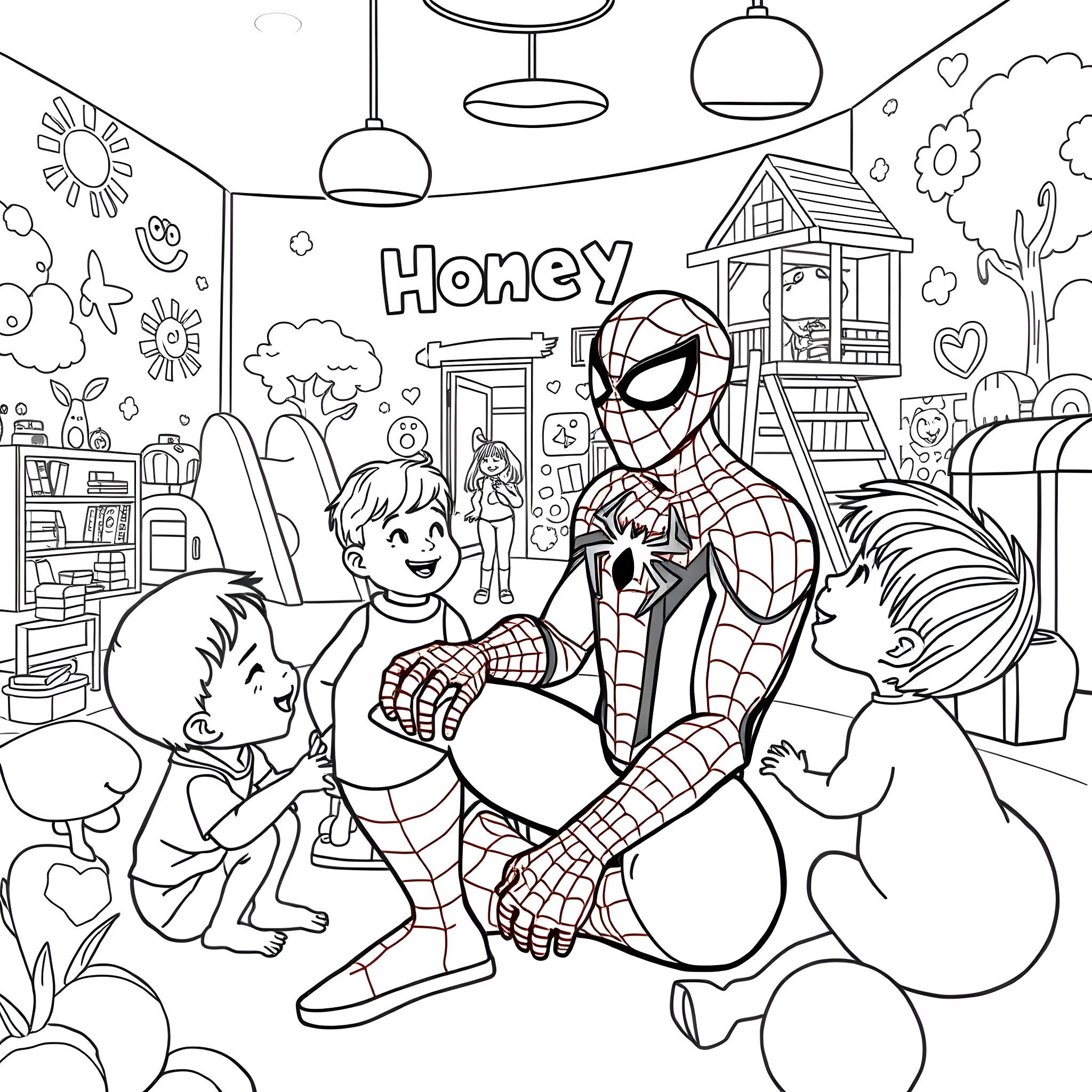 Spider-Man helping children in a friendly neighborhood Coloring Page (free black-and-white line drawing printable PDF for all, from beginners to advanced learners, including children, teens, adults, and seniors)
