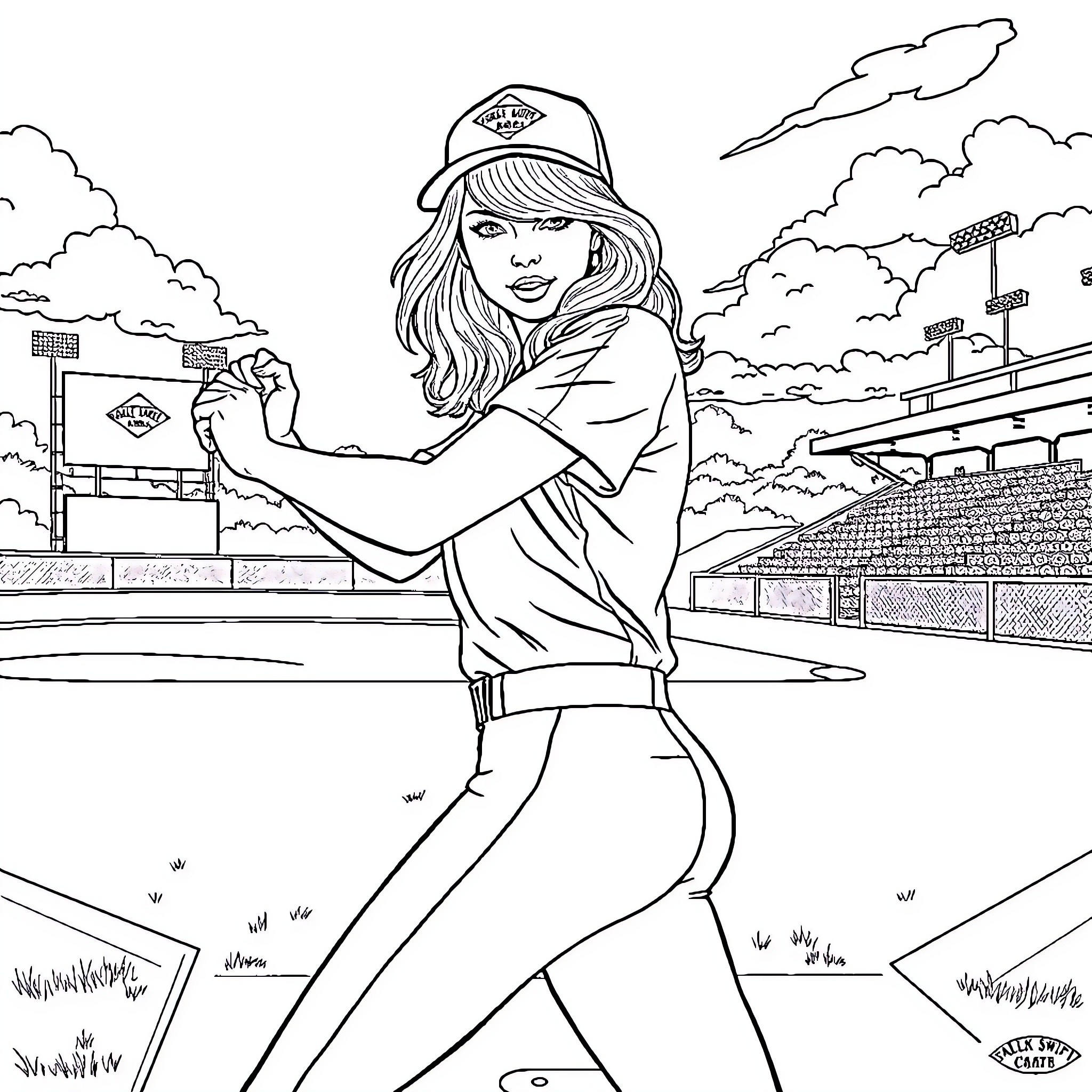 Taylor Swift walking confidently on a city street Coloring Page (free black-and-white line drawing printable PDF for all, from beginners to advanced learners, including children, teens, adults, and seniors)