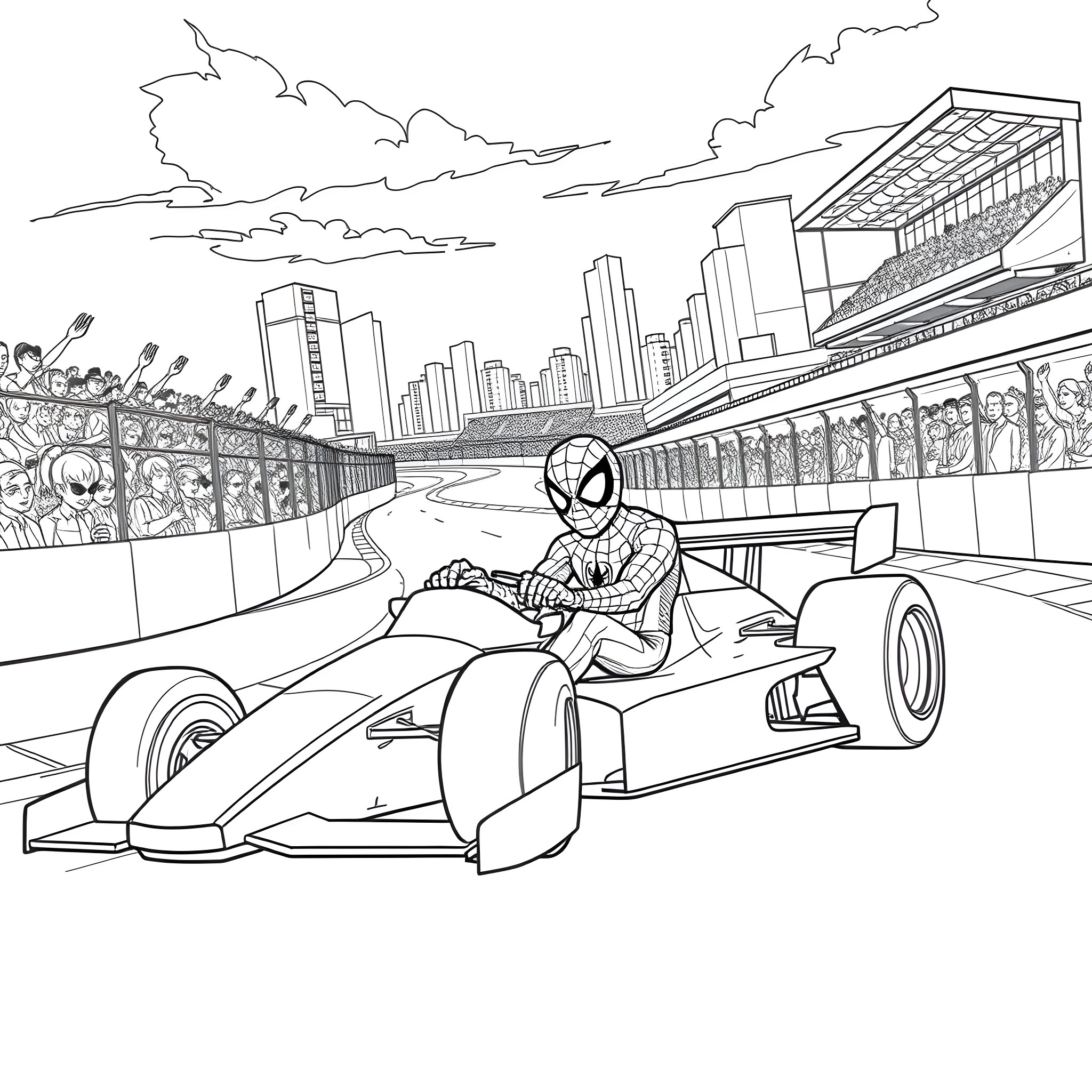 Spiderman racing in a futuristic city Coloring Page (free black-and-white line drawing printable PDF for all, from beginners to advanced learners, including children, teens, adults, and seniors)