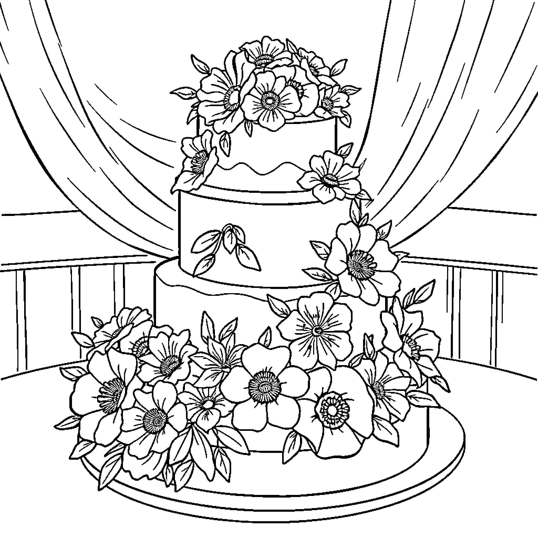 Tarta with Elaborate Floral Decorations Coloring Page (free black-and-white line drawing printable PDF for all, from beginners to advanced learners, including children, teens, adults, and seniors)