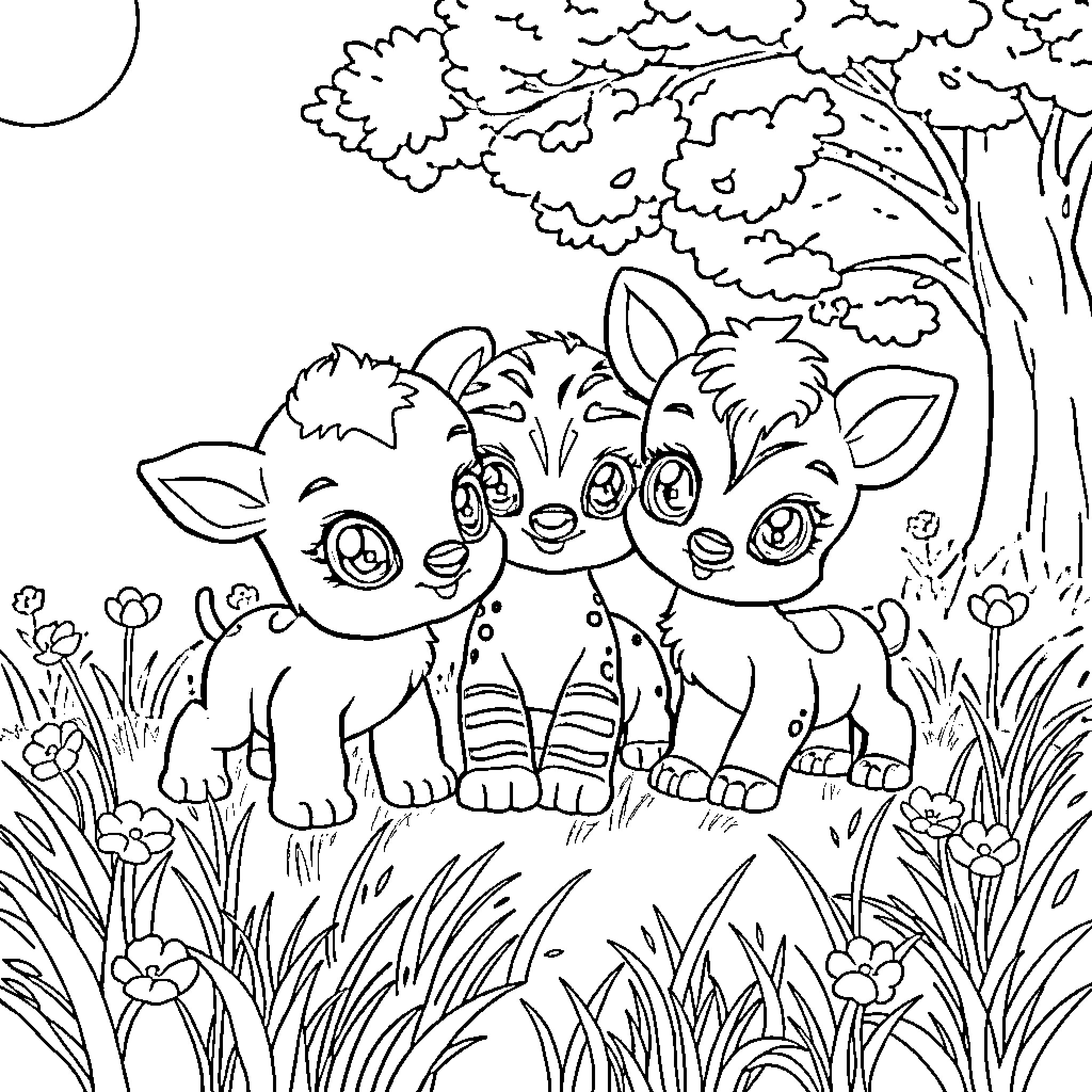 Baby Animal Friends Exploring the Enchanted Forest Coloring Page (free black-and-white line drawing printable PDF for all, from beginners to advanced learners, including children, teens, adults, and seniors)