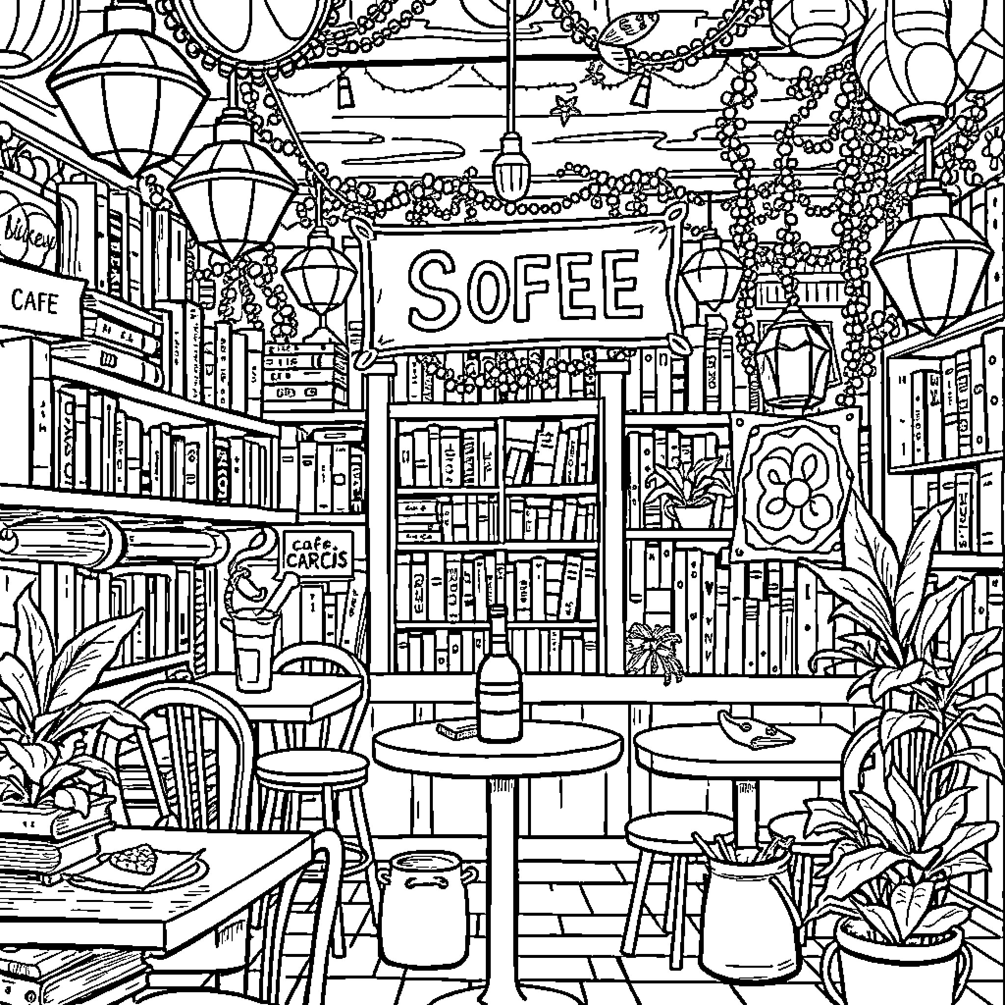 Book of a Cozy Cafe in a Dreamlike Setting Coloring Page (free black-and-white line drawing printable PDF for all, from beginners to advanced learners, including children, teens, adults, and seniors)