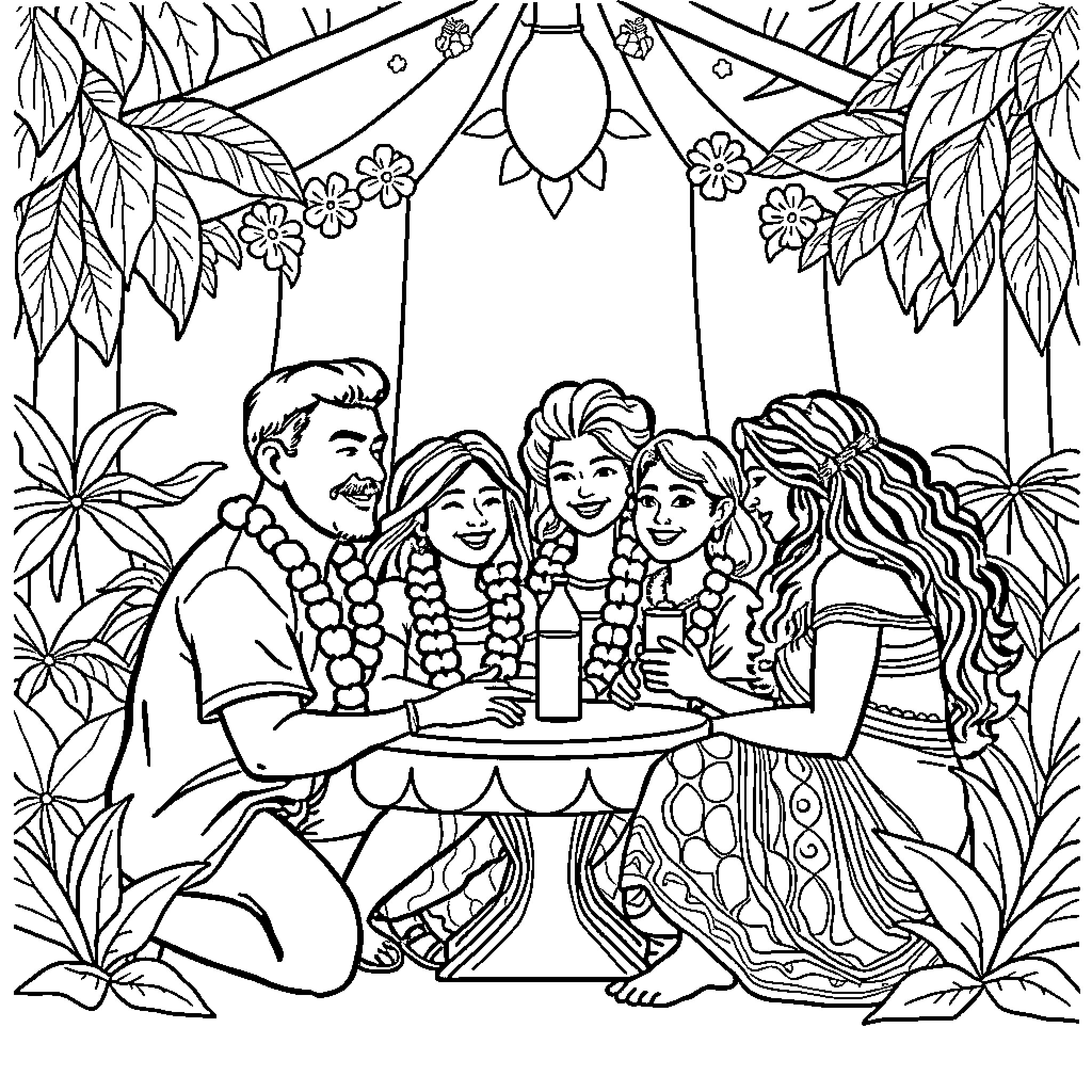 Ohana Gathering: A Joyful Family Celebration Coloring Page (free black-and-white line drawing printable PDF for all, from beginners to advanced learners, including children, teens, adults, and seniors)