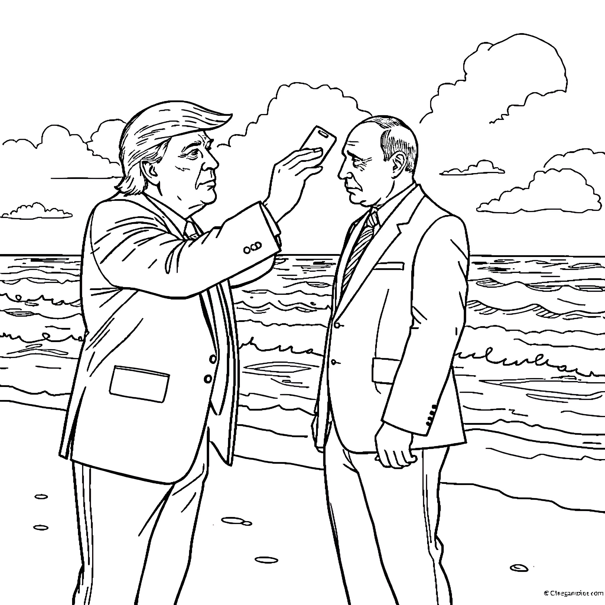 Donald Trump confronting another man on the beach Coloring Page (free black-and-white line drawing printable PDF for all, from beginners to advanced learners, including children, teens, adults, and seniors)