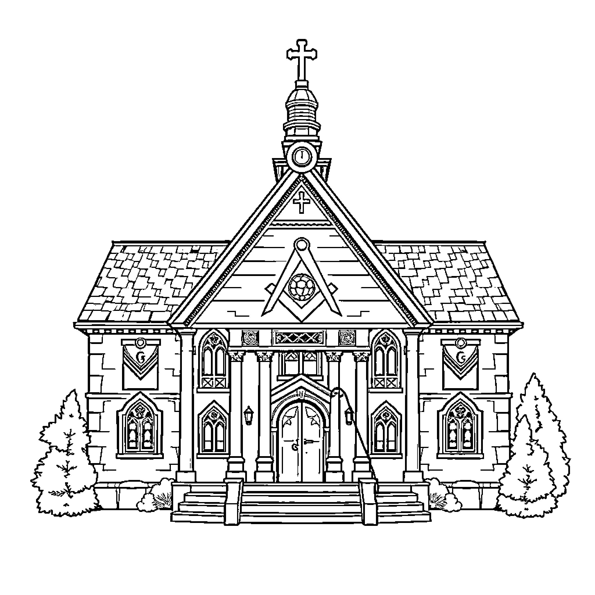 Masonic ornate church architecture with symbols Coloring Page (free black-and-white line drawing printable PDF for all, from beginners to advanced learners, including children, teens, adults, and seniors)