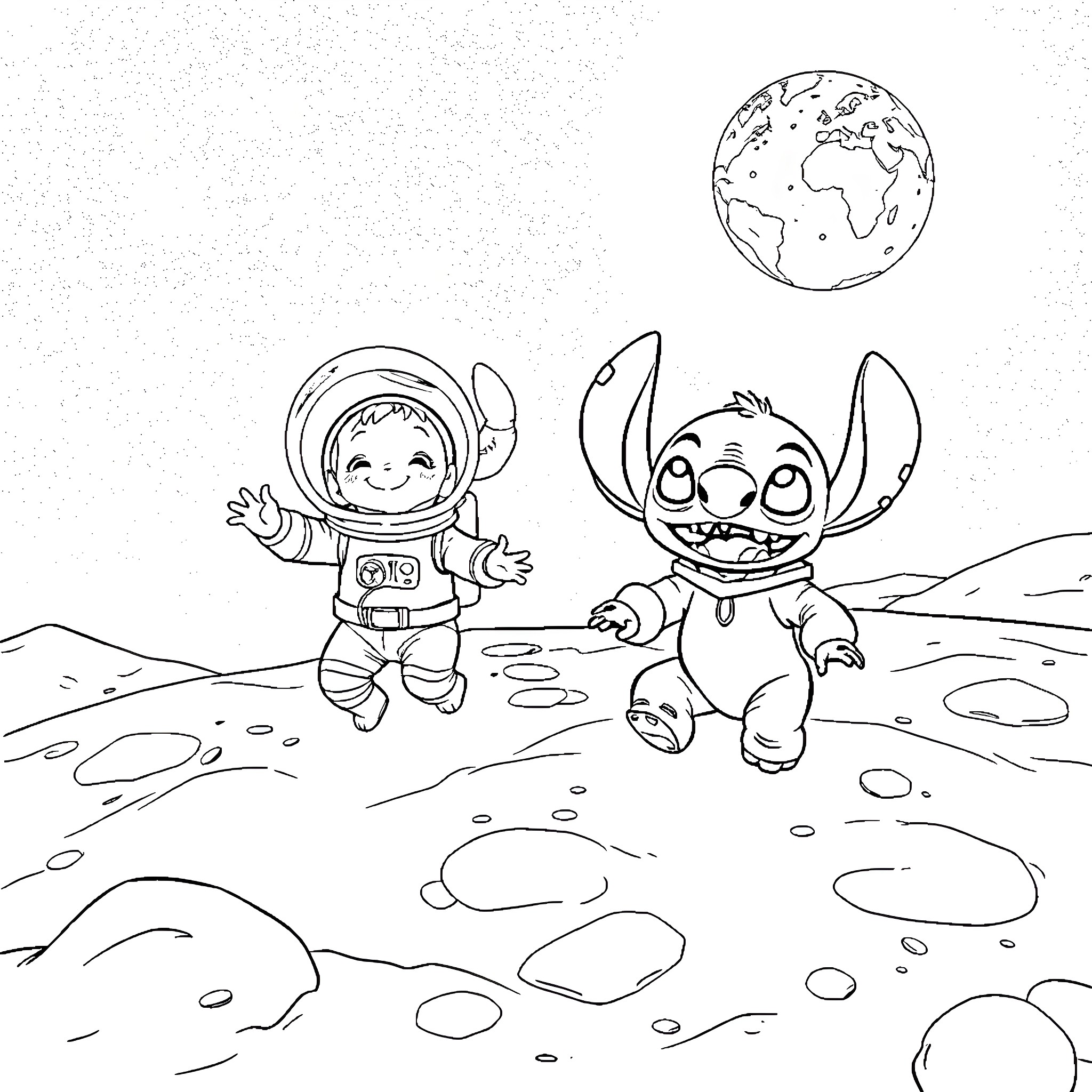 Lilo & Stitch exploring the alien landscape Coloring Page (free black-and-white line drawing printable PDF for all, from beginners to advanced learners, including children, teens, adults, and seniors)