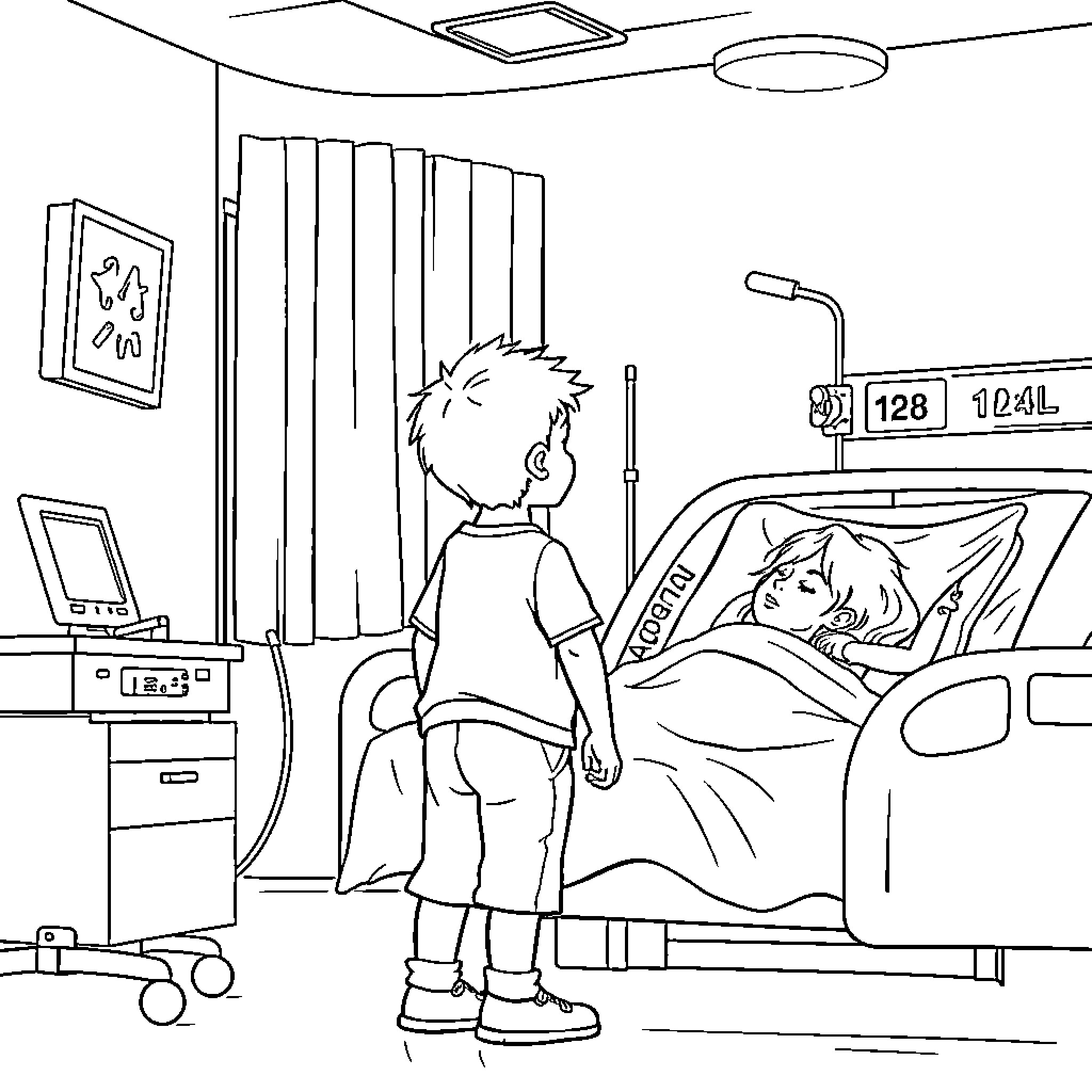 Boy visiting friend in hospital bed Coloring Page (free black-and-white line drawing printable PDF for all, from beginners to advanced learners, including children, teens, adults, and seniors)