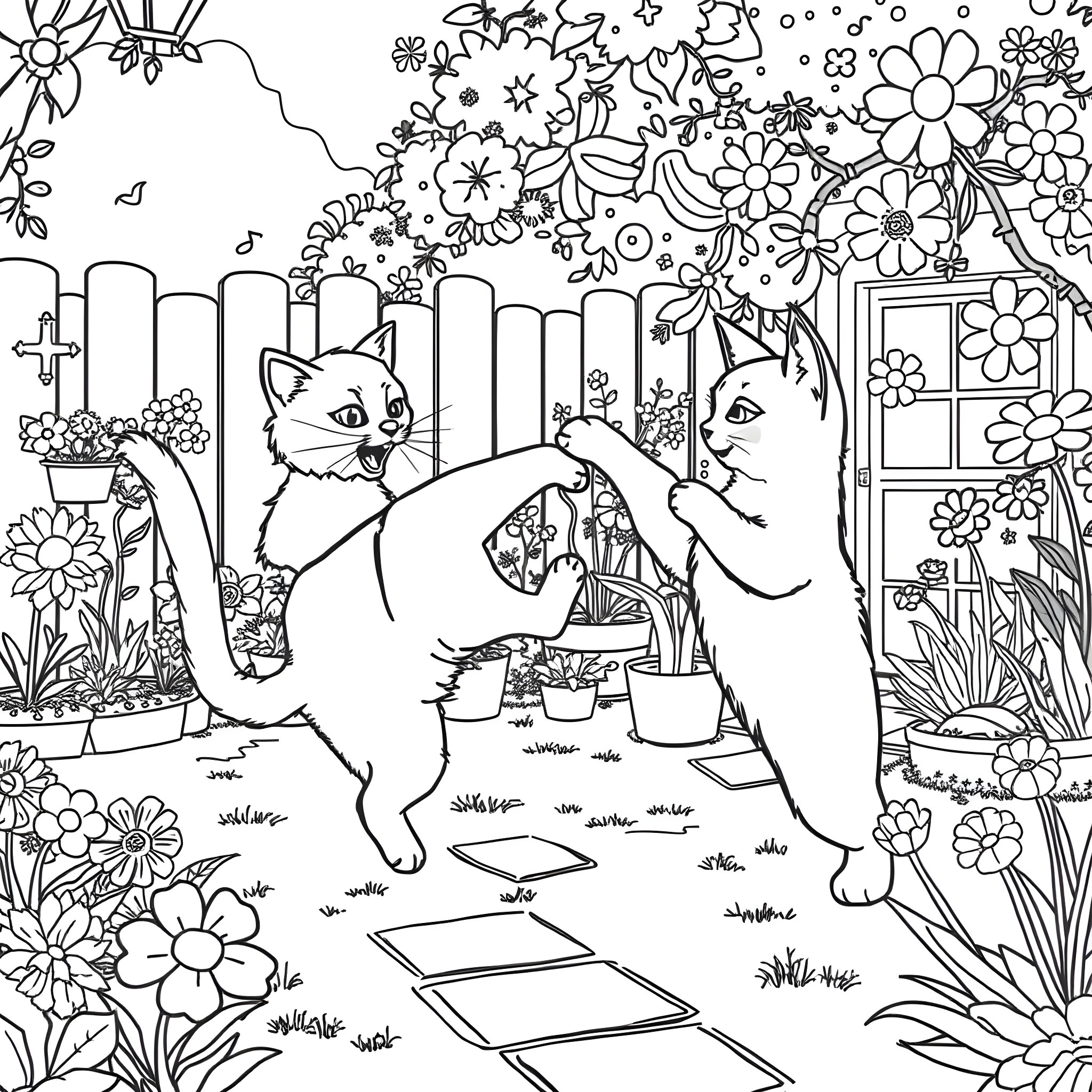 Cats playing happily in a vibrant floral garden Coloring Page (free black-and-white line drawing printable PDF for all, from beginners to advanced learners, including children, teens, adults, and seniors)