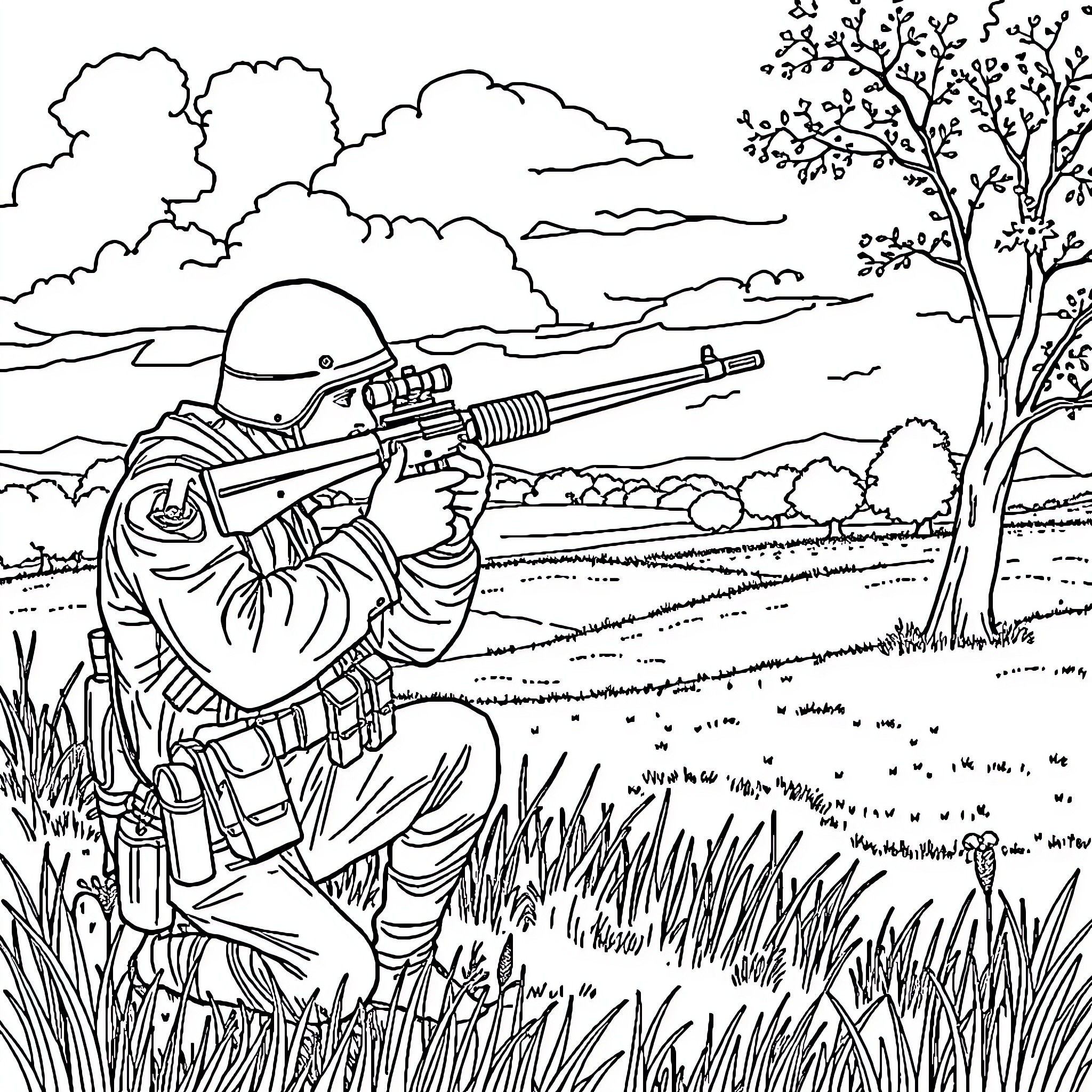 Militaire on patrol in the wilderness Coloring Page (free black-and-white line drawing printable PDF for all, from beginners to advanced learners, including children, teens, adults, and seniors)