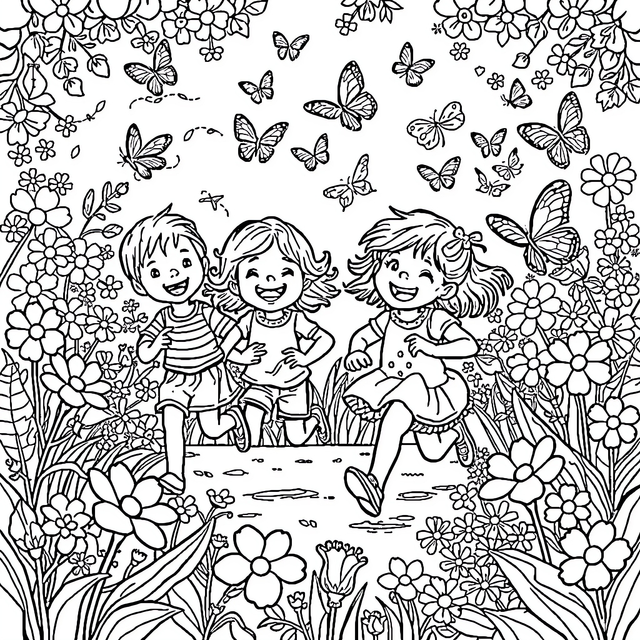 Kid Friends Enjoying Floral Meadow with Butterflies Coloring Page (free black-and-white line drawing printable PDF for all, from beginners to advanced learners, including children, teens, adults, and seniors)