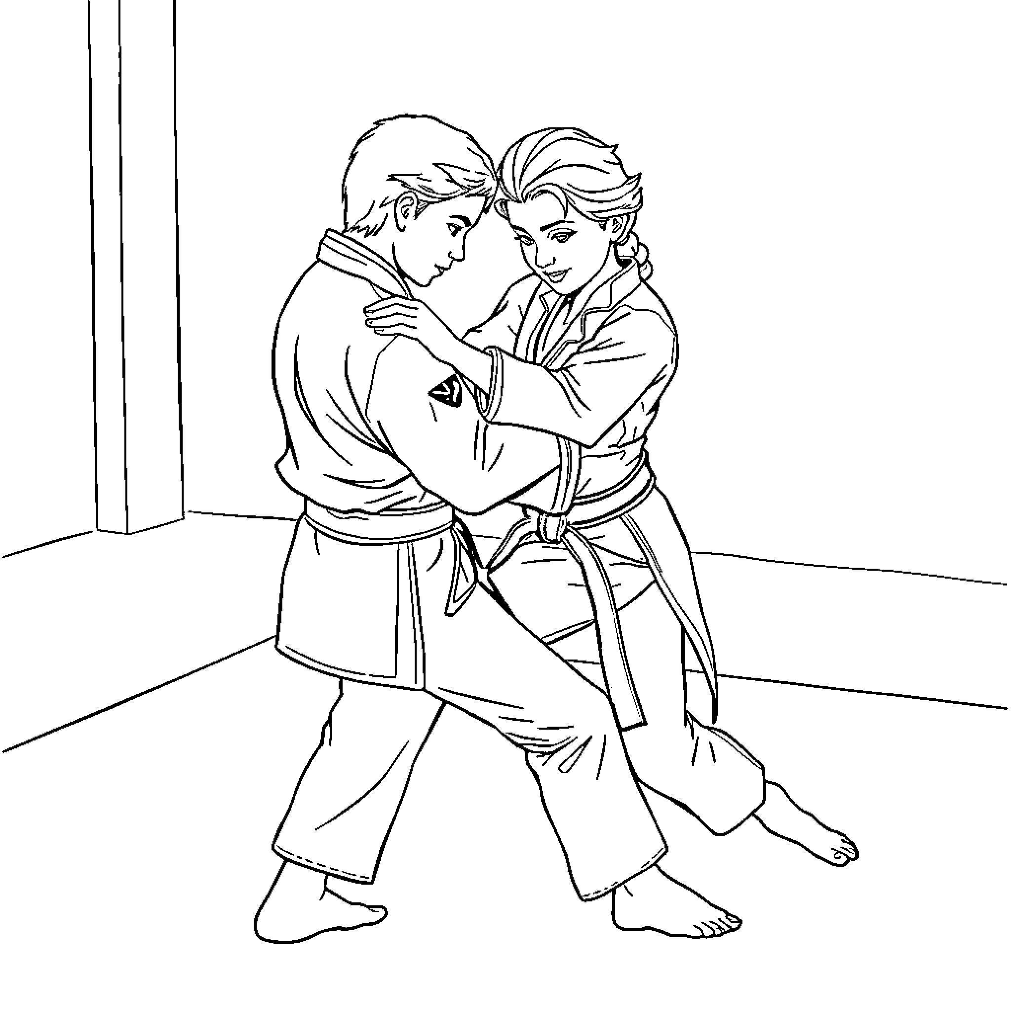 Elsa and Anna's Sibling Embrace Coloring Page (free black-and-white line drawing printable PDF for all, from beginners to advanced learners, including children, teens, adults, and seniors)