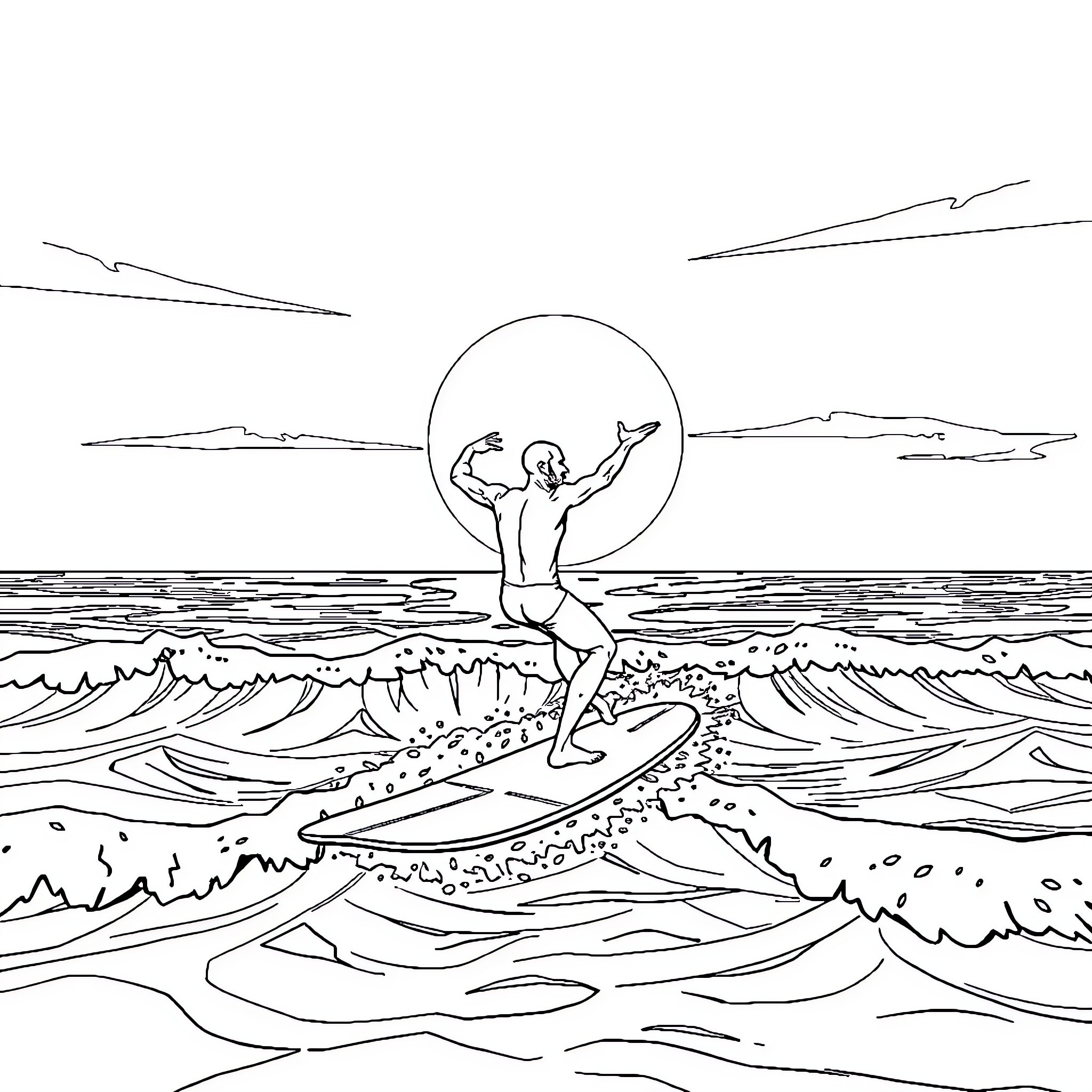 Dancer surfing joyfully on ocean waves at sunset Coloring Page (free black-and-white line drawing printable PDF for all, from beginners to advanced learners, including children, teens, adults, and seniors)