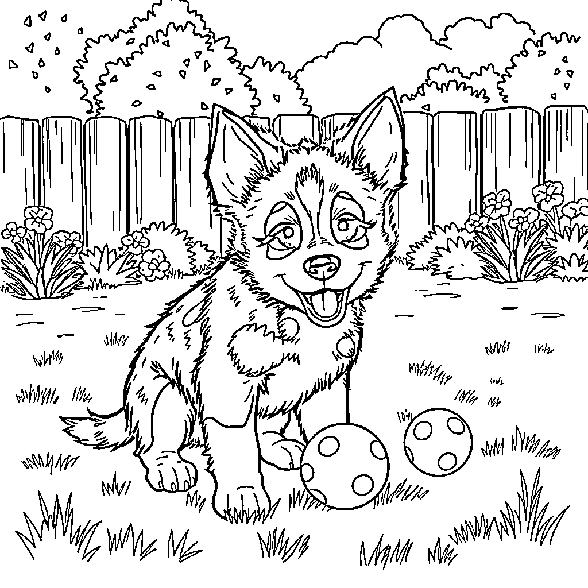 Bluey playing happily with ball in the park Coloring Page (free black-and-white line drawing printable PDF for all, from beginners to advanced learners, including children, teens, adults, and seniors)