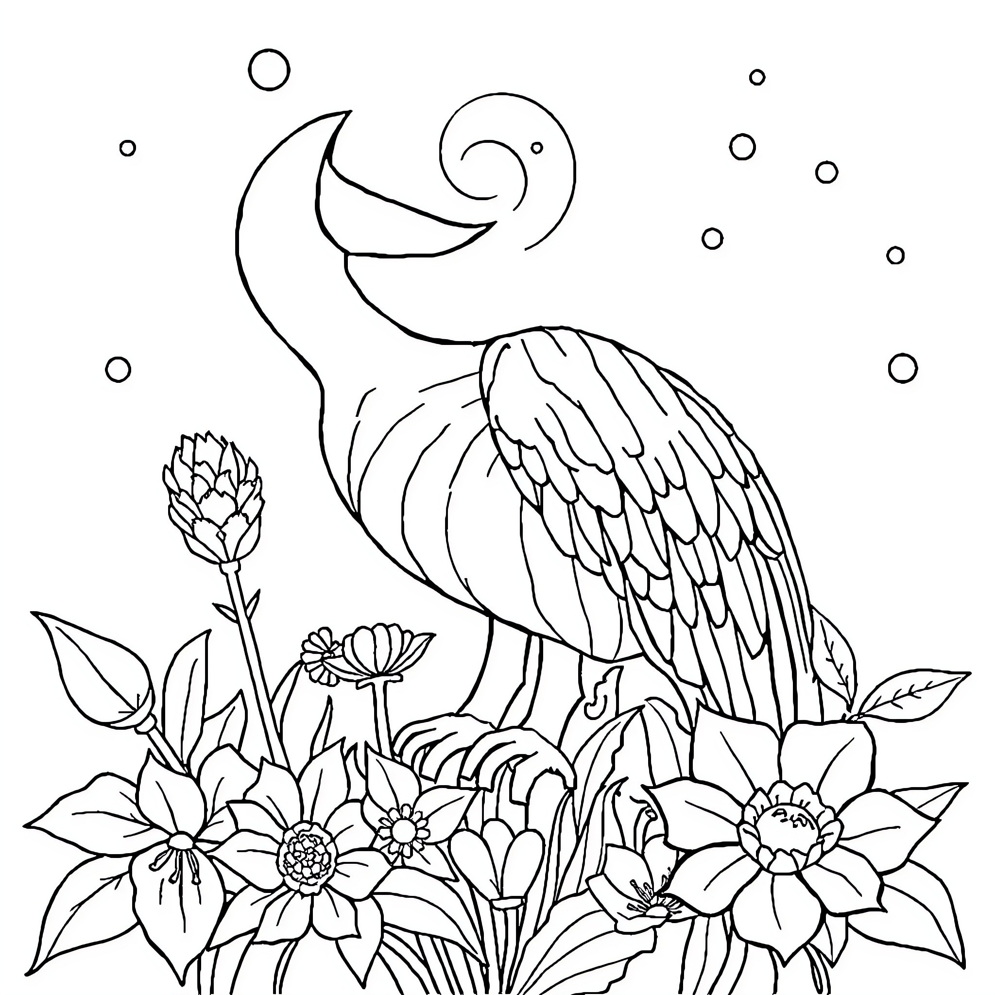 Letter with Ornate Bird and Floral Scene Coloring Page (free black-and-white line drawing printable PDF for all, from beginners to advanced learners, including children, teens, adults, and seniors)