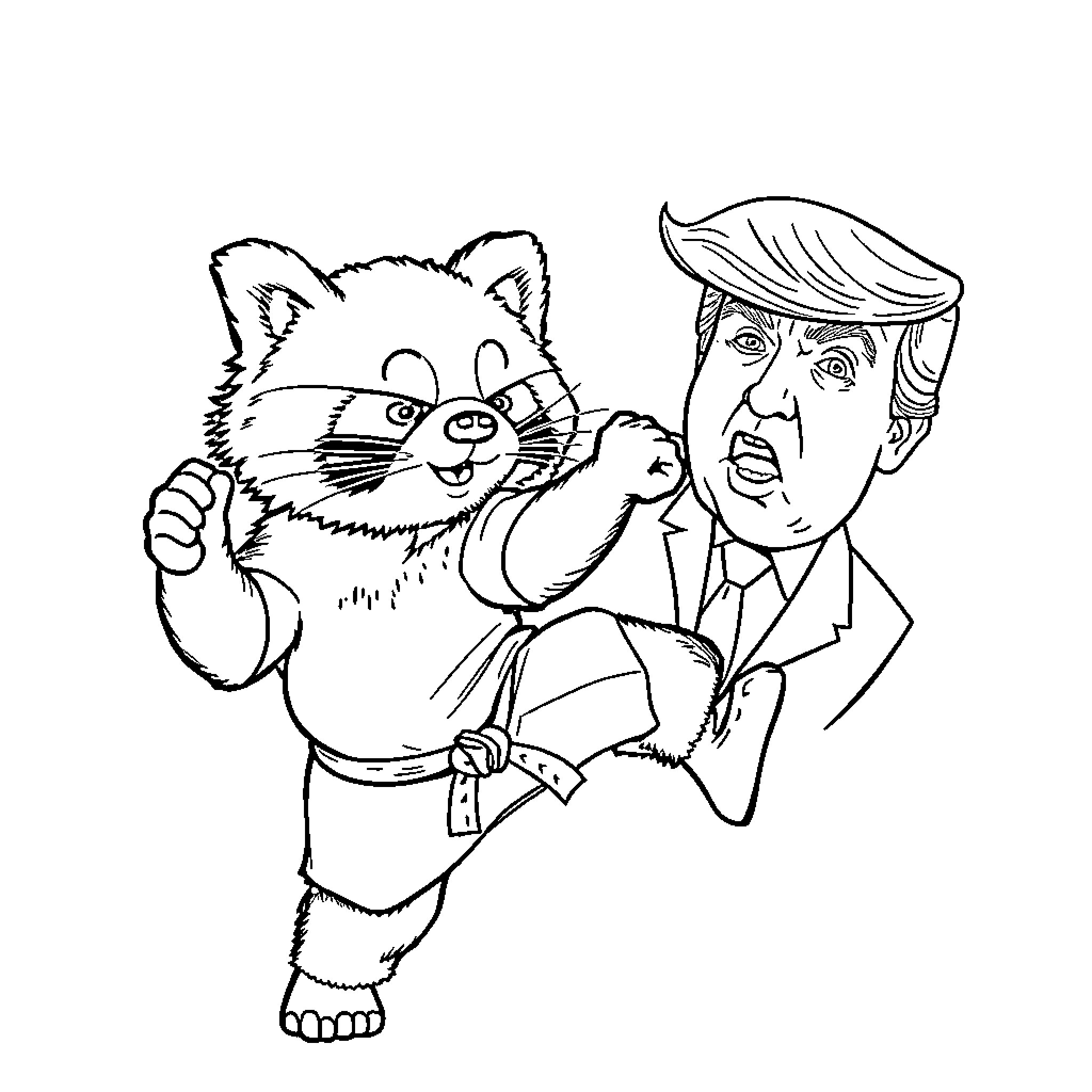 Red Panda acting heroically with political figure Coloring Page (free black-and-white line drawing printable PDF for all, from beginners to advanced learners, including children, teens, adults, and seniors)