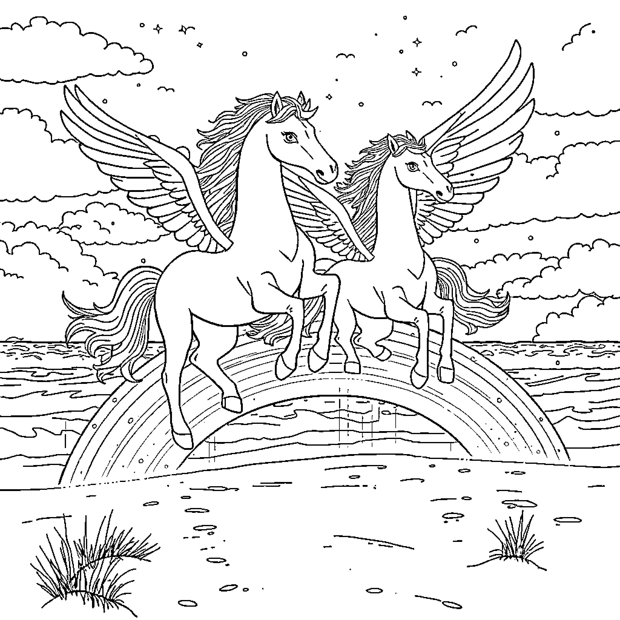 Pegasus majestic winged horses in a starry sky Coloring Page (free black-and-white line drawing printable PDF for all, from beginners to advanced learners, including children, teens, adults, and seniors)