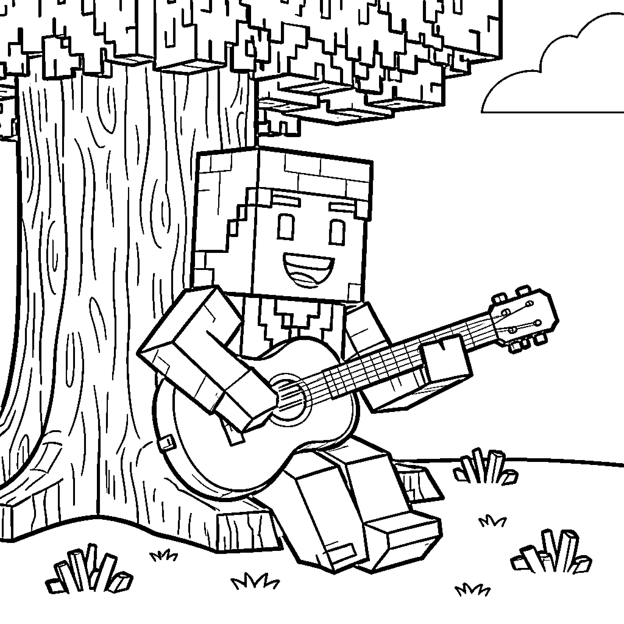 Villager playing guitar in the forest Coloring Page (free black-and-white line drawing printable PDF for all, from beginners to advanced learners, including children, teens, adults, and seniors)