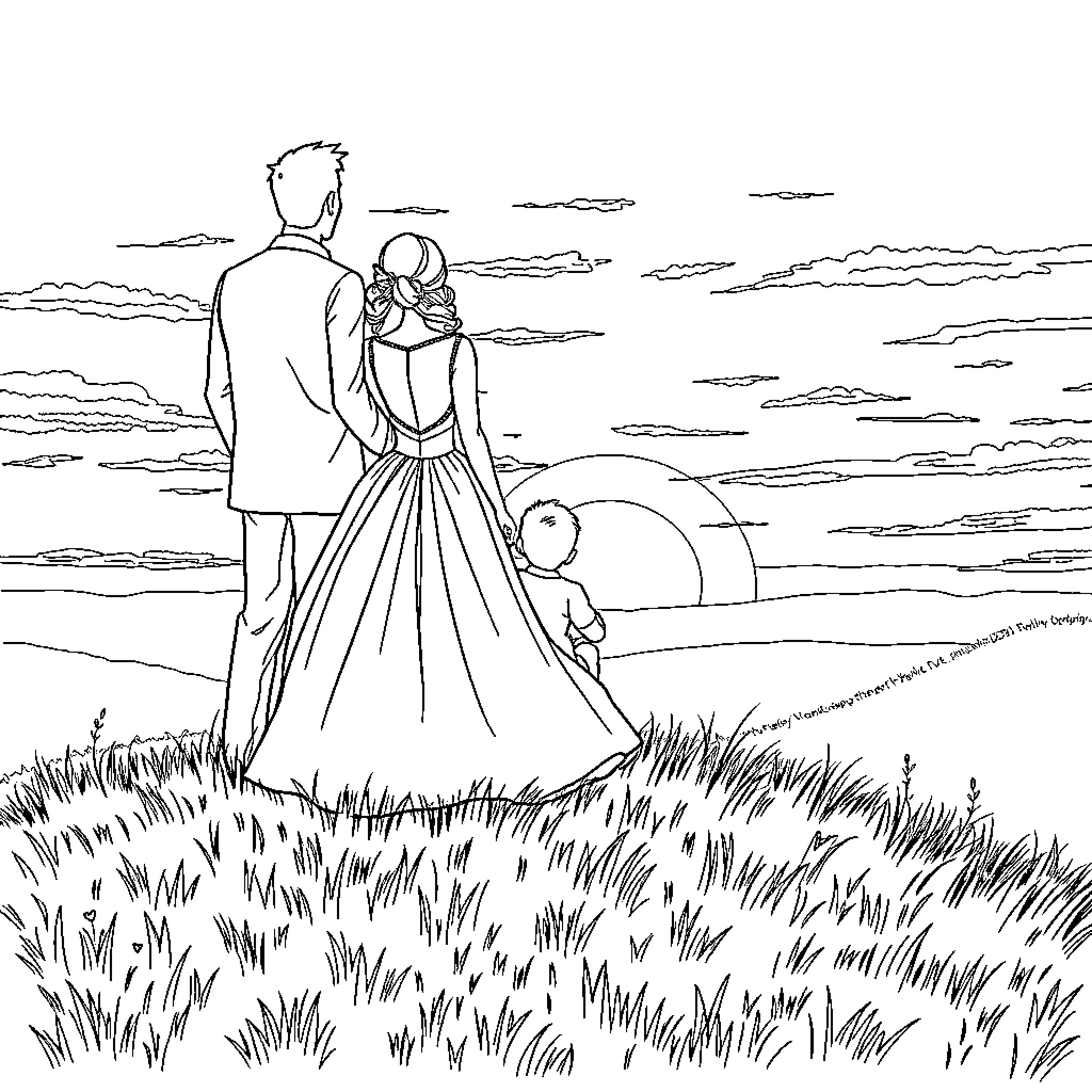 Family enjoying a serene outdoor moment Coloring Page (free black-and-white line drawing printable PDF for all, from beginners to advanced learners, including children, teens, adults, and seniors)