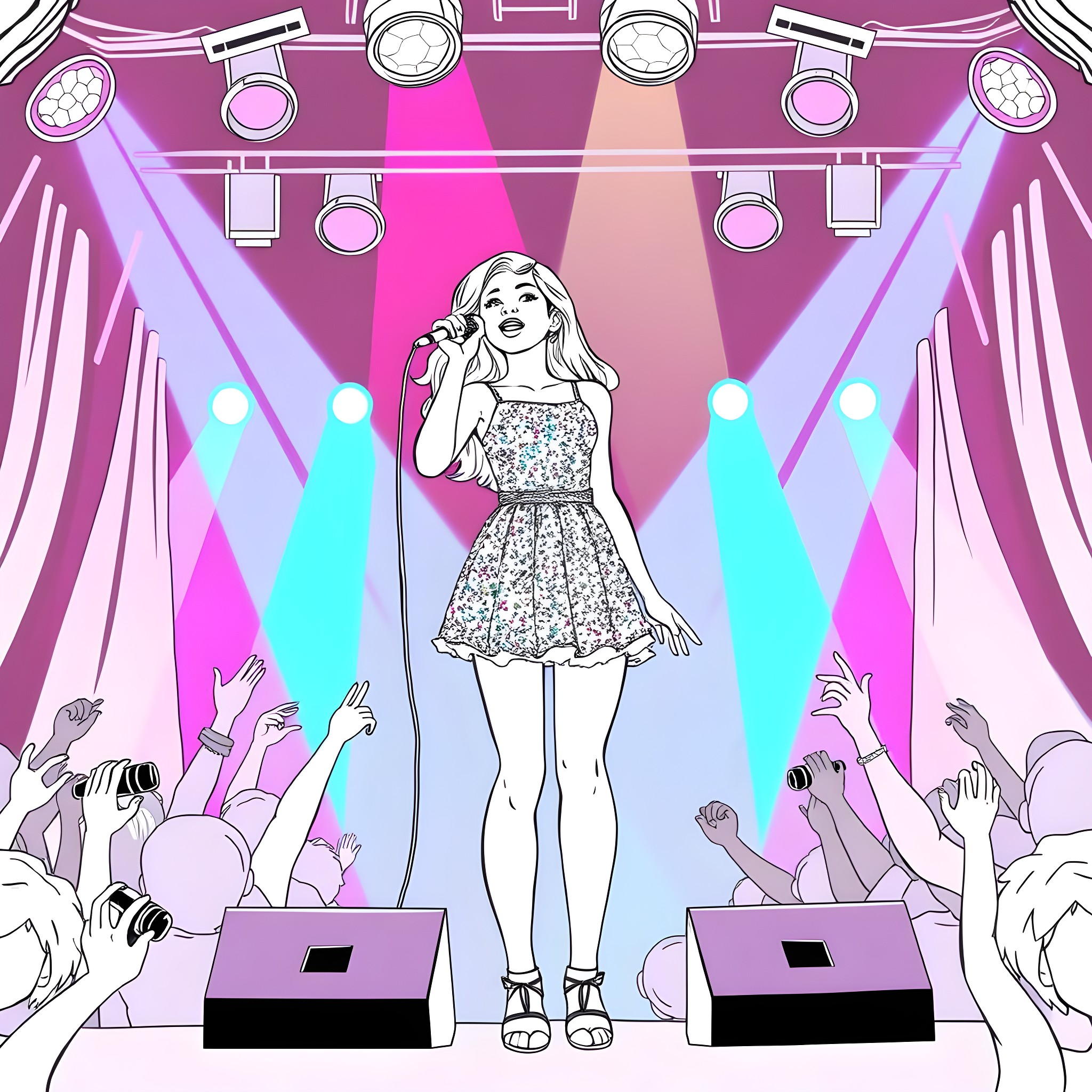 Teen Girl Performing on Stage Coloring Page (free black-and-white line drawing printable PDF for all, from beginners to advanced learners, including children, teens, adults, and seniors)