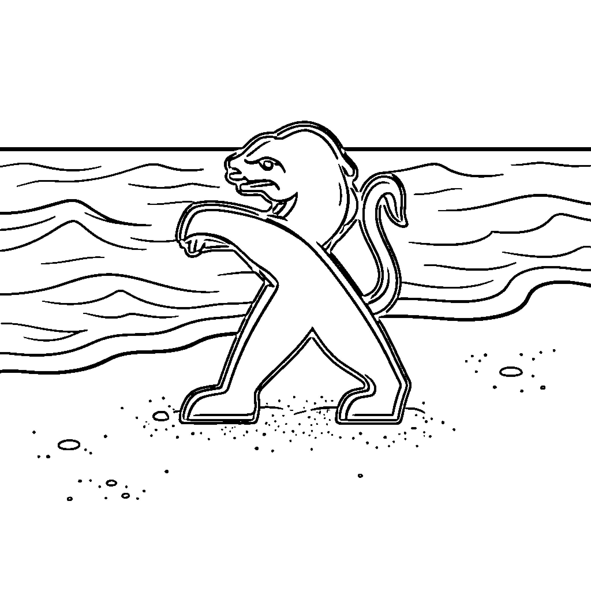 Peugeot lion standing proudly by the ocean waves Coloring Page (free black-and-white line drawing printable PDF for all, from beginners to advanced learners, including children, teens, adults, and seniors)