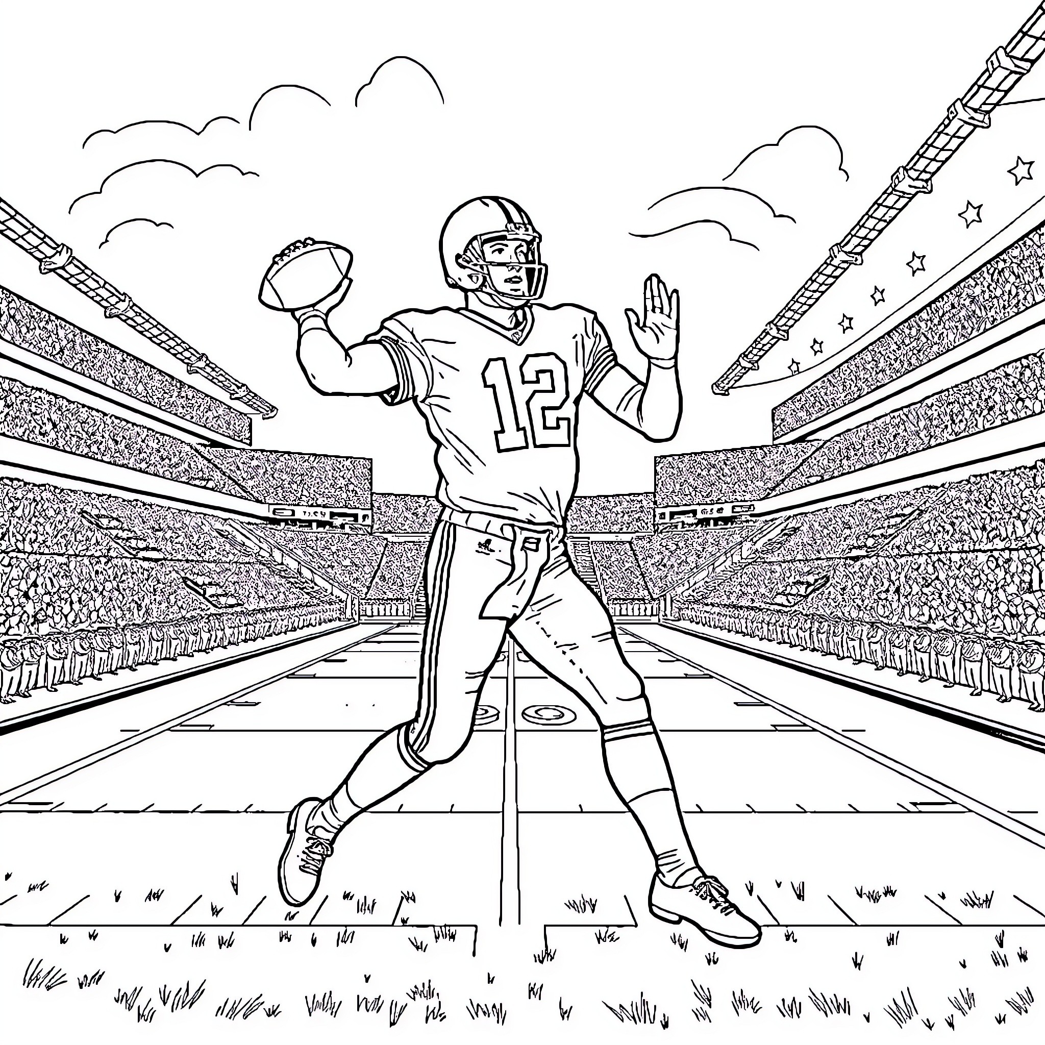Quarterback making a pass on the football field Coloring Page (free black-and-white line drawing printable PDF for all, from beginners to advanced learners, including children, teens, adults, and seniors)