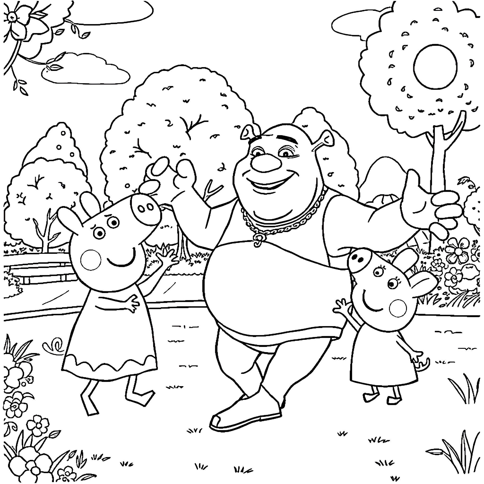 Shrek and his friends enjoying a sunny day outdoors Coloring Page (free black-and-white line drawing printable PDF for all, from beginners to advanced learners, including children, teens, adults, and seniors)